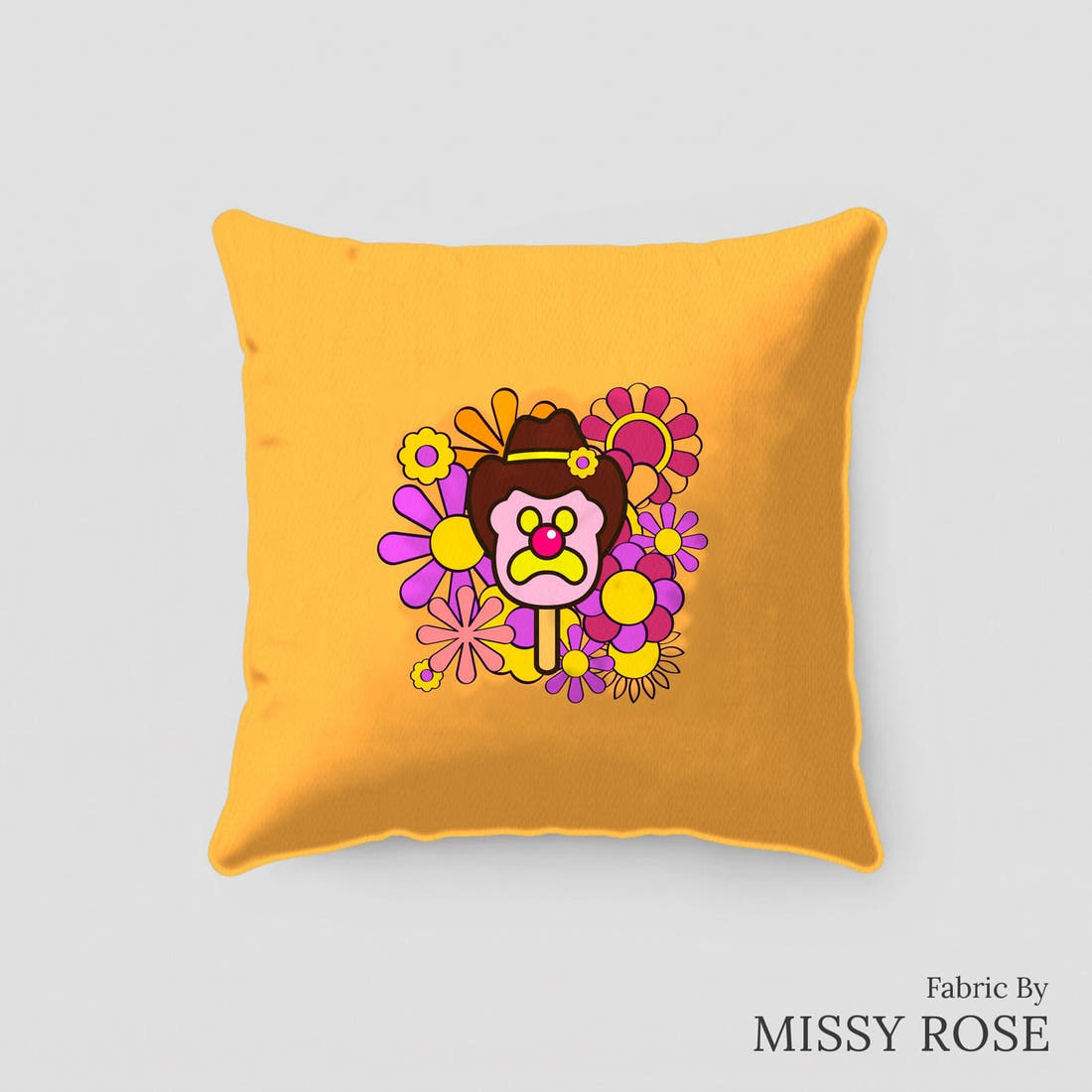 Design 199 Retro Floral Ice Cream Panel sewn into a cushion – see how the panel looks made up | Fabric by Missy Rose