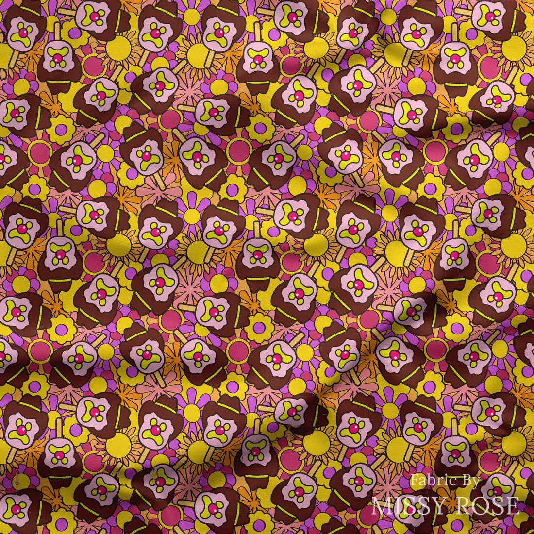 Design 199 Retro Floral Ice Cream Fabric draped fabric mockup – custom printed fabric by the metre | Fabric by Missy Rose