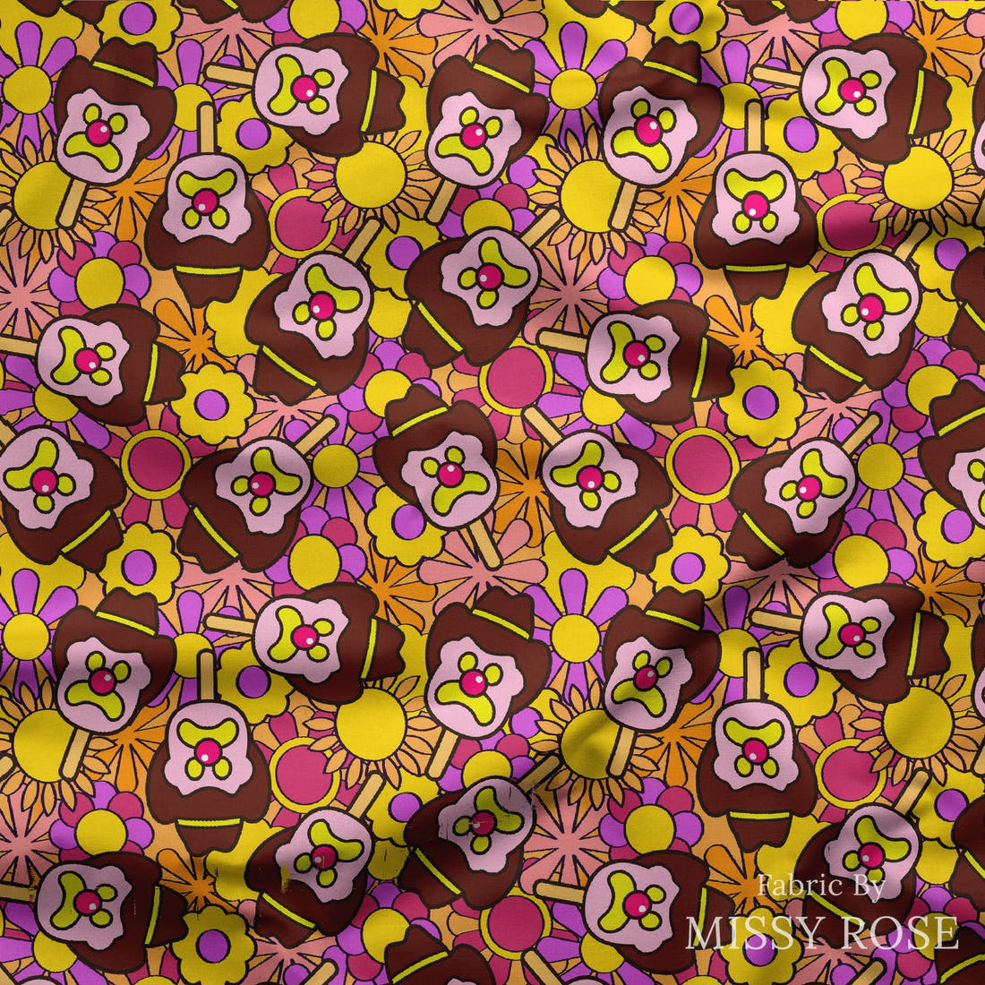 Design 199 Retro Floral Ice Cream Fabric draped fabric mockup – custom printed fabric by the metre | Fabric by Missy Rose