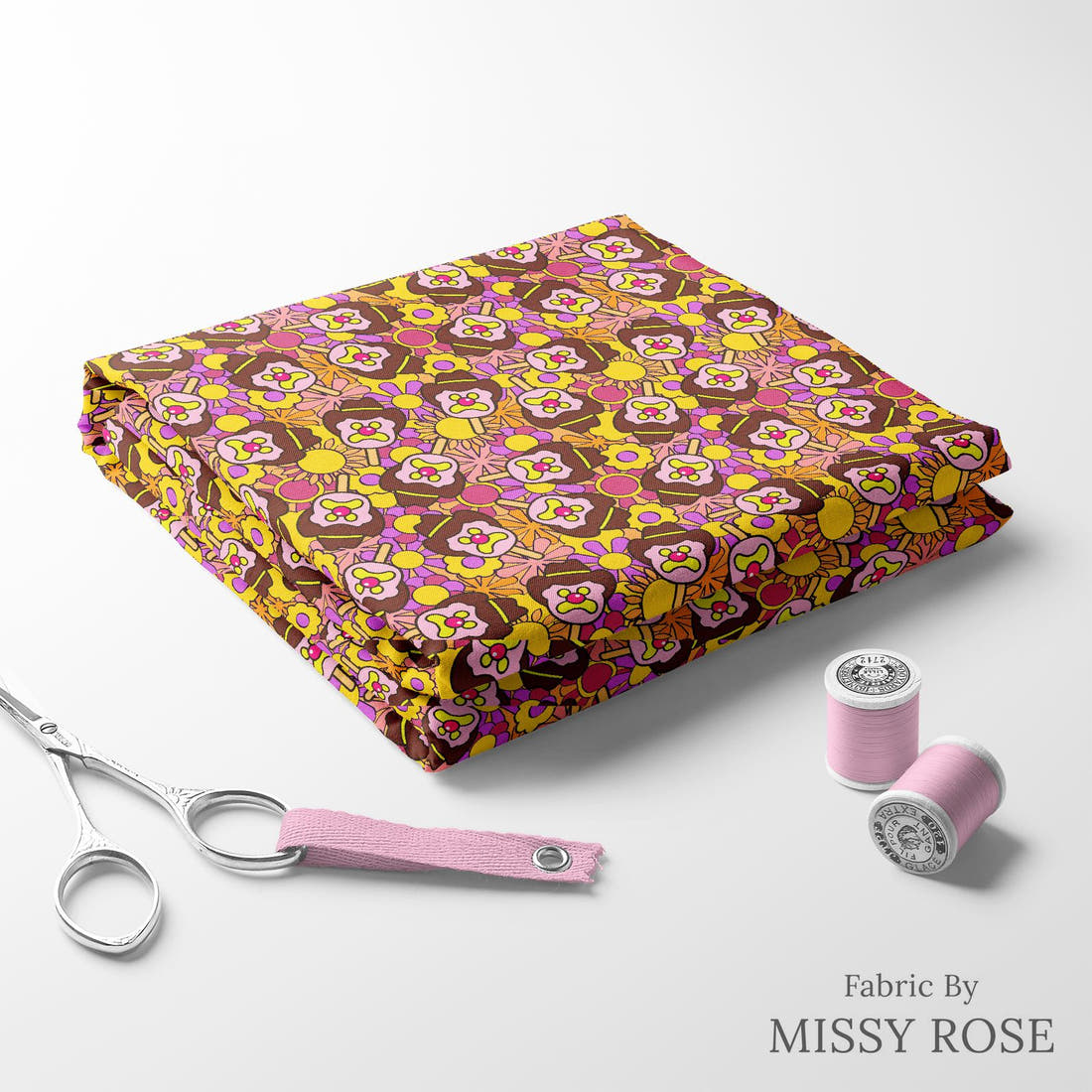 Design 199 Retro Floral Ice Cream Fabric folded fabric stack with matching thread – pre-order fabric Australia | Fabric by Missy Rose