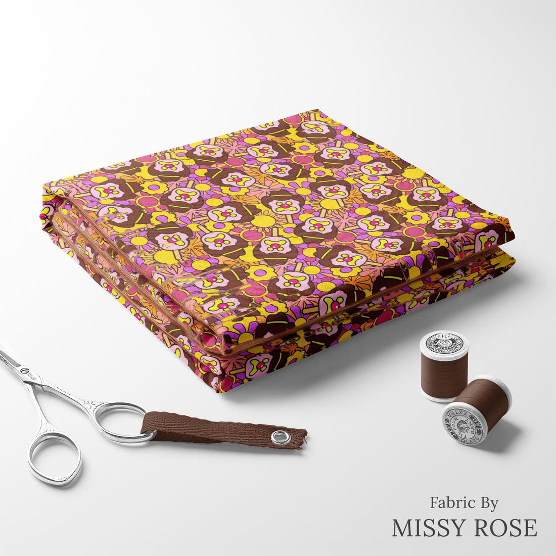 Design 199 Retro Floral Ice Cream Fabric folded fabric stack with matching thread – pre-order fabric Australia | Fabric by Missy Rose
