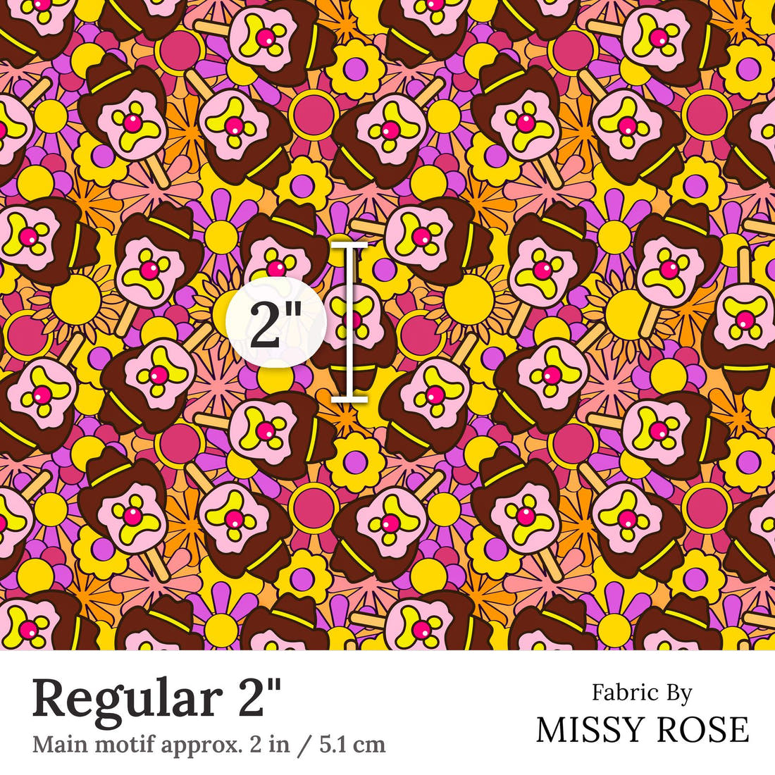 Design 199 Retro Floral Ice Cream Fabric Regular 2 inch print scale guide | Fabric by Missy Rose