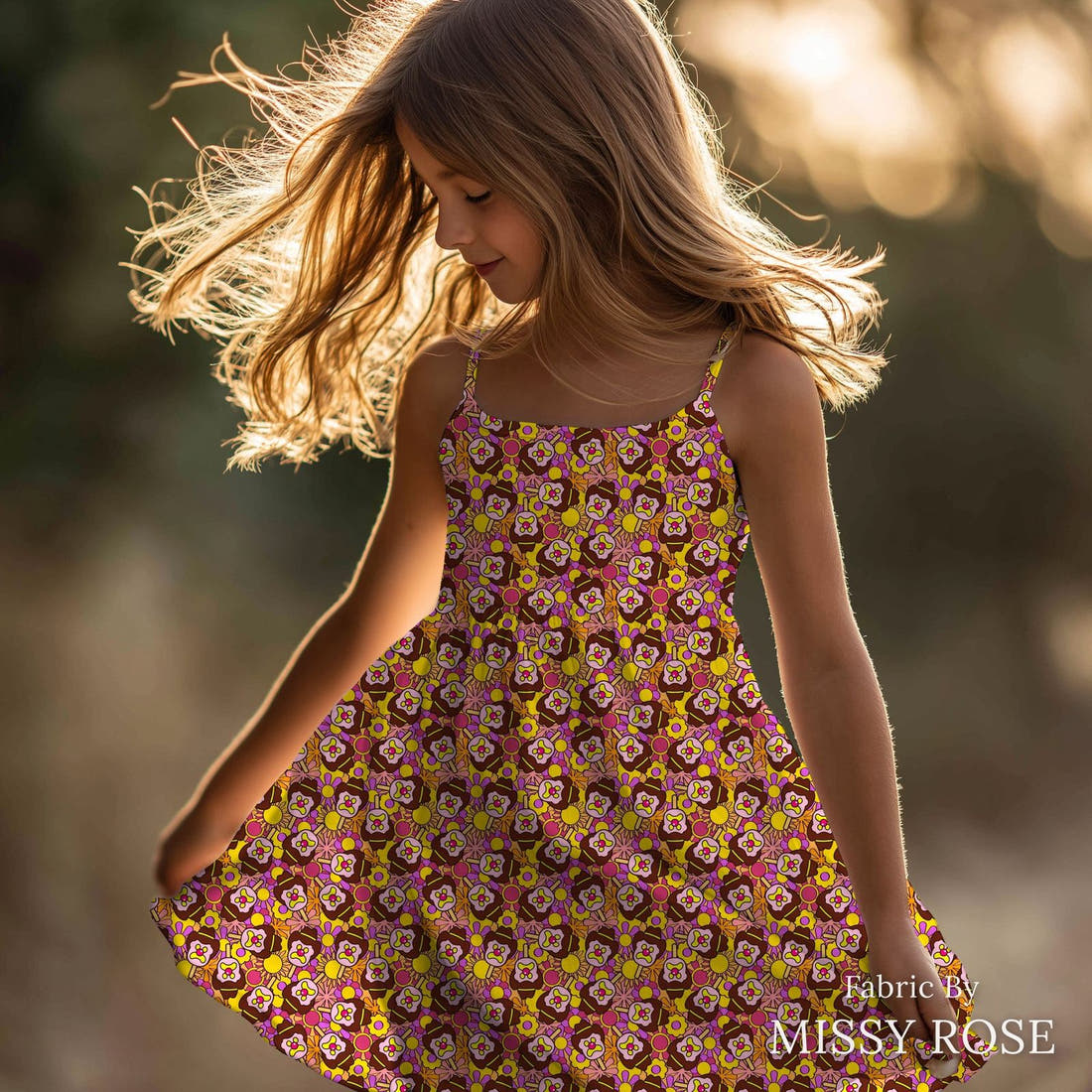 Design 199 Retro Floral Ice Cream Fabric sewn into a girls' dress – see how the print looks made up | Fabric by Missy Rose