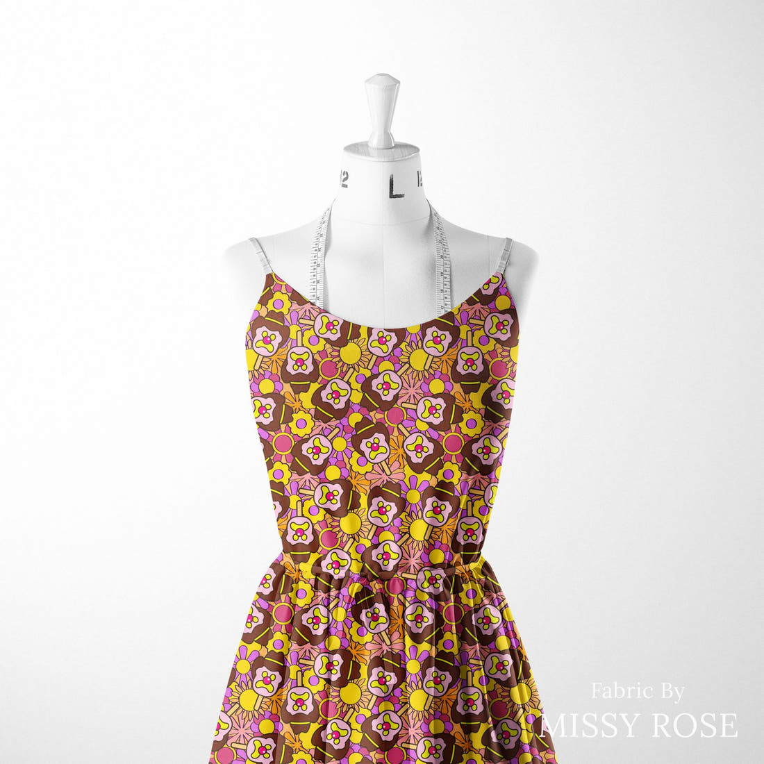 Design 199 Retro Floral Ice Cream Fabric sewn into a women's dress – see how the print looks made up | Fabric by Missy Rose