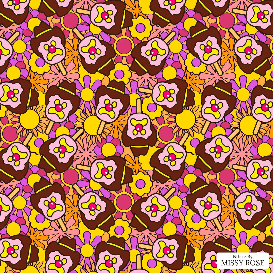 Design 199 Retro Floral Ice Cream Fabric - flat view of the print, zoom in for detail | Fabric by Missy Rose