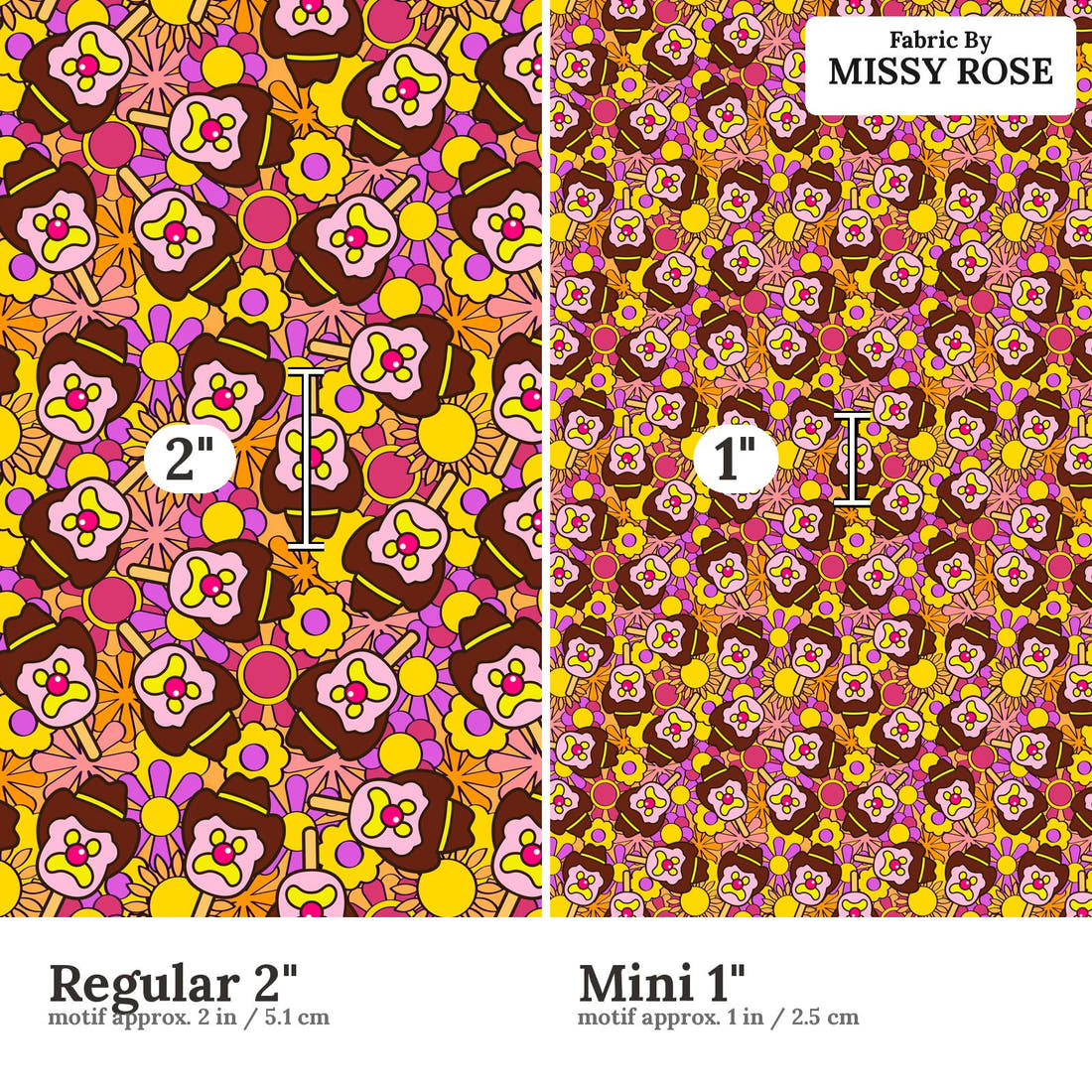 Design 199 Retro Floral Ice Cream Fabric size comparison - print scale | Fabric by Missy Rose