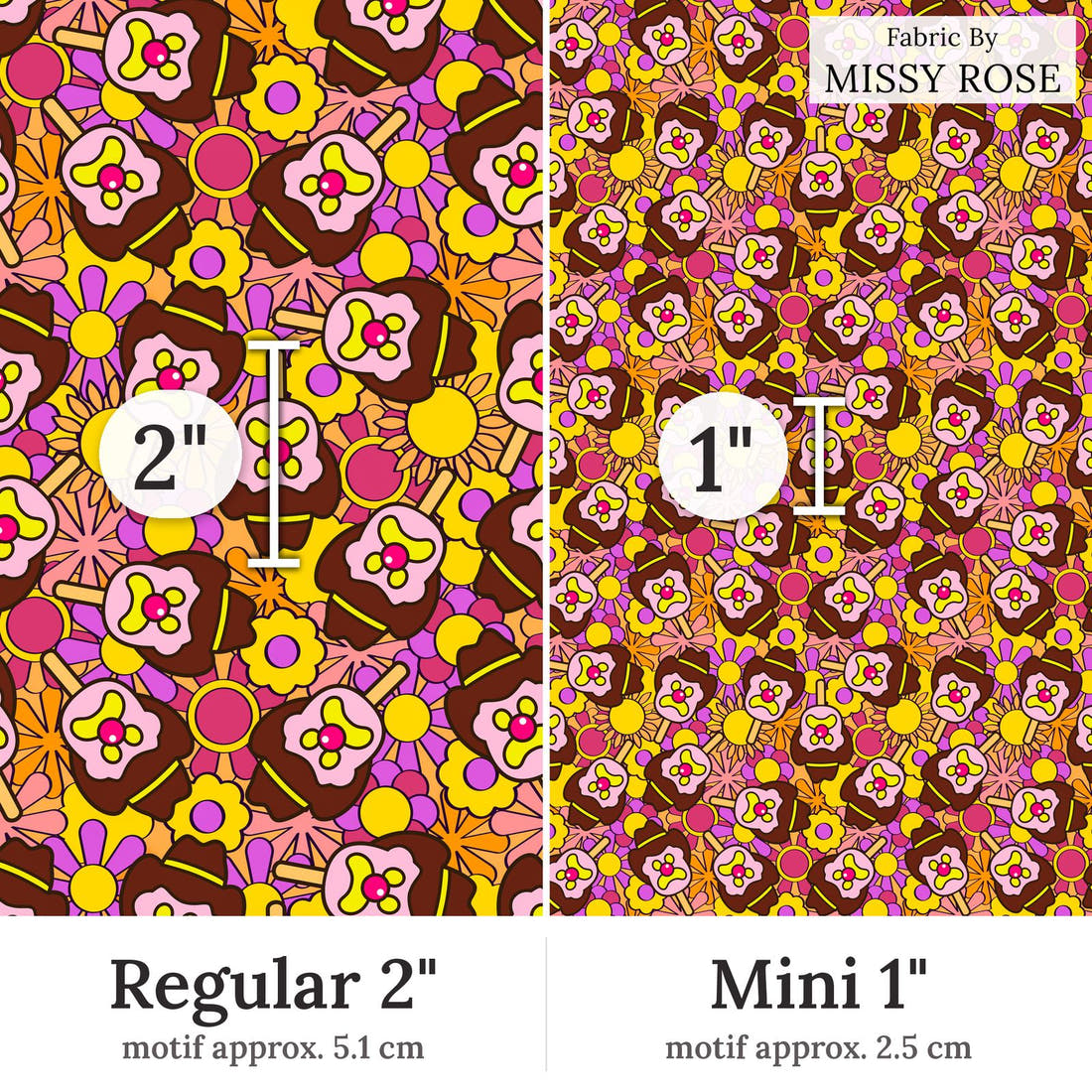 Design 199 Retro Floral Ice Cream Fabric Regular 2 inch vs Mini 1 inch print scale side by side | Fabric by Missy Rose
