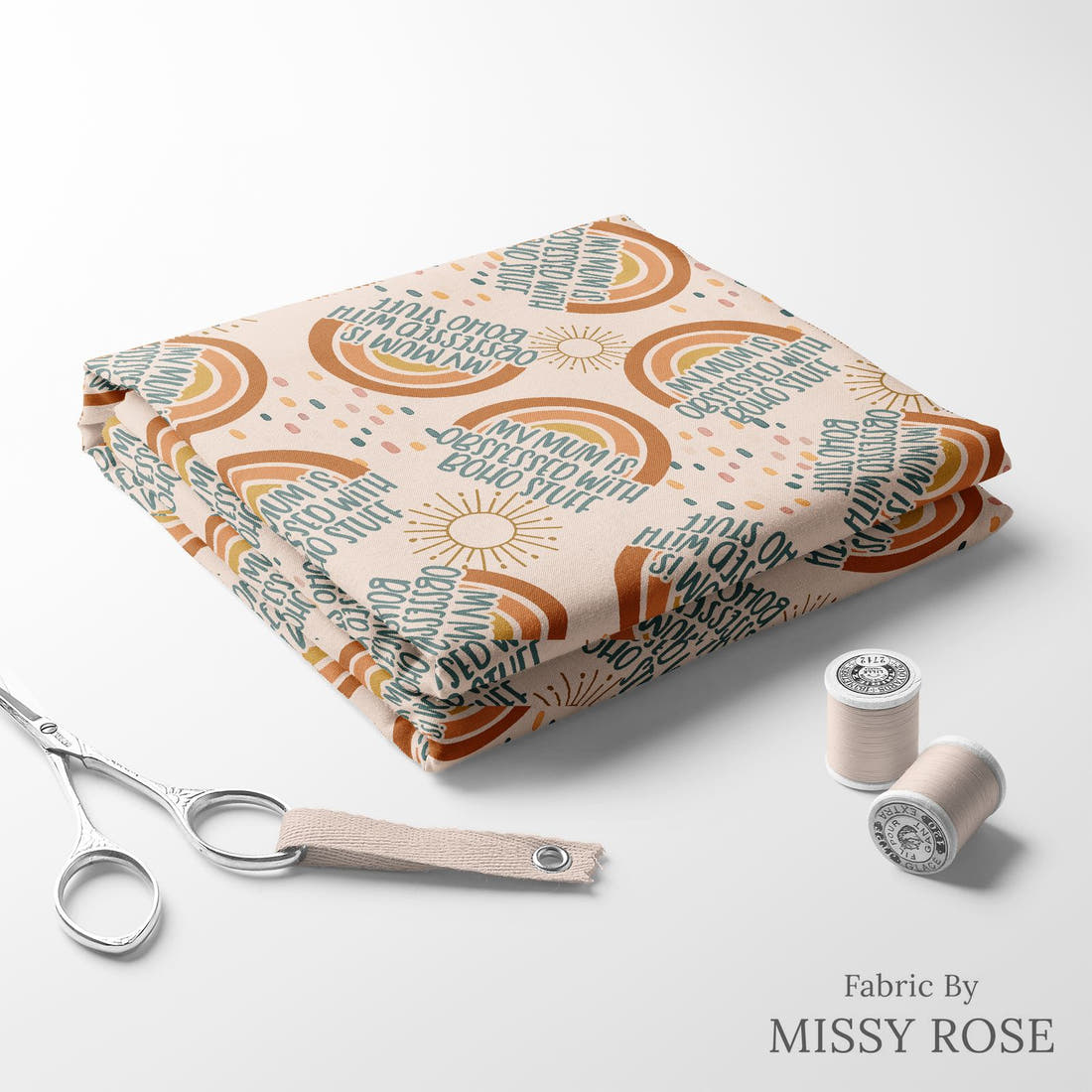 Design 2 Boho Mum Fabric folded fabric stack with matching thread – pre-order fabric Australia | Fabric by Missy Rose