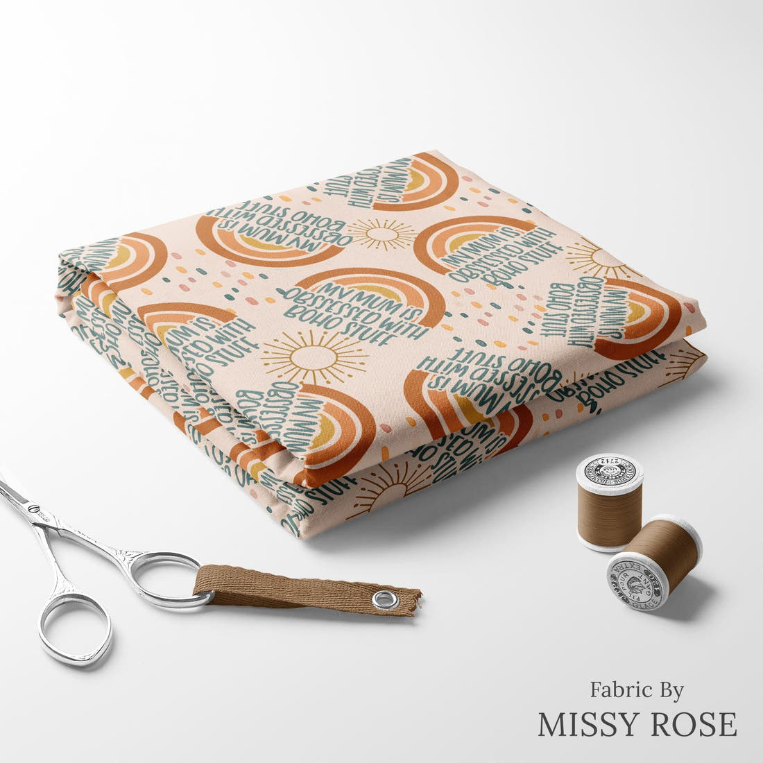 Design 2 Boho Mum Fabric folded fabric stack with matching thread – pre-order fabric Australia | Fabric by Missy Rose