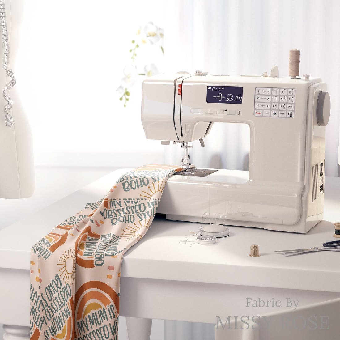 Design 2 Boho Mum Fabric on a sewing machine – premium fabric for sewing projects | Fabric by Missy Rose