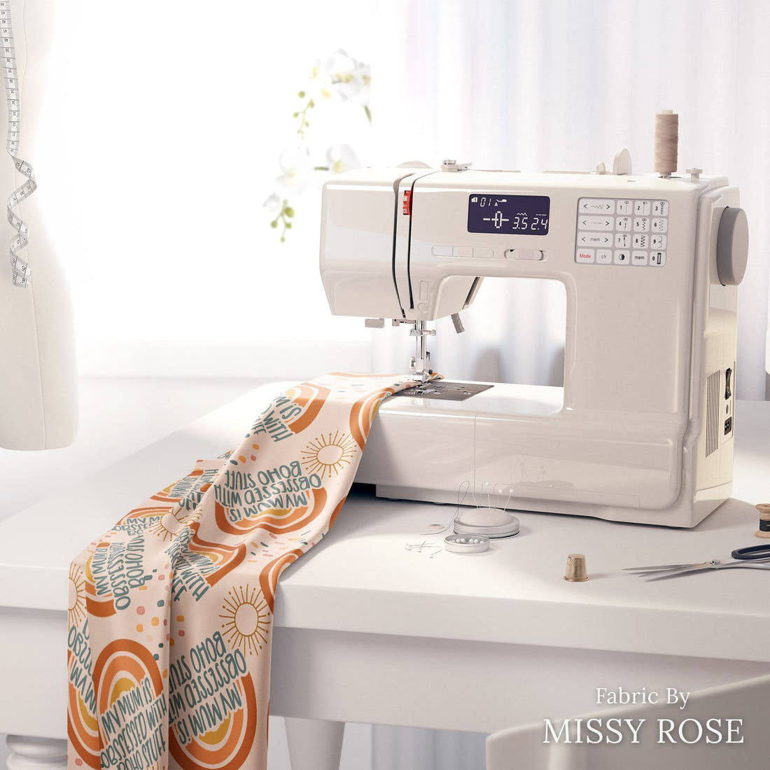 Design 2 Boho Mum Fabric on a sewing machine – premium fabric for sewing projects | Fabric by Missy Rose