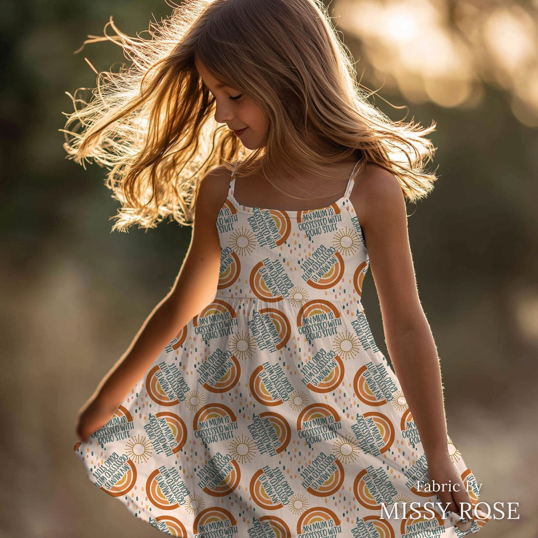 Design 2 Boho Mum Fabric sewn into a girls' dress – see how the print looks made up | Fabric by Missy Rose