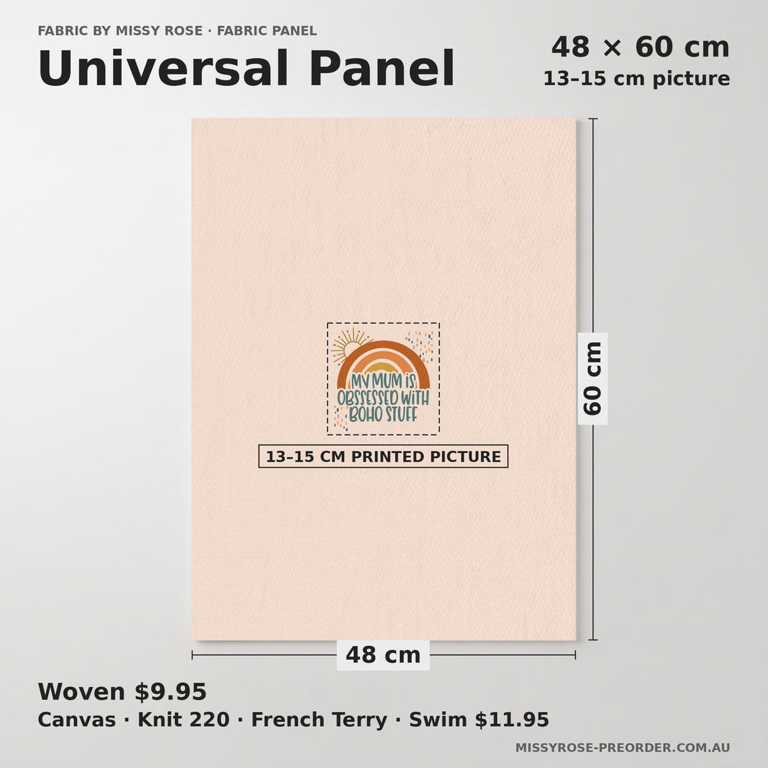 Design 2 Boho Mum Panel universal panel sizing – 13–15 cm printed picture on 48 × 60 cm fabric | Fabric by Missy Rose
