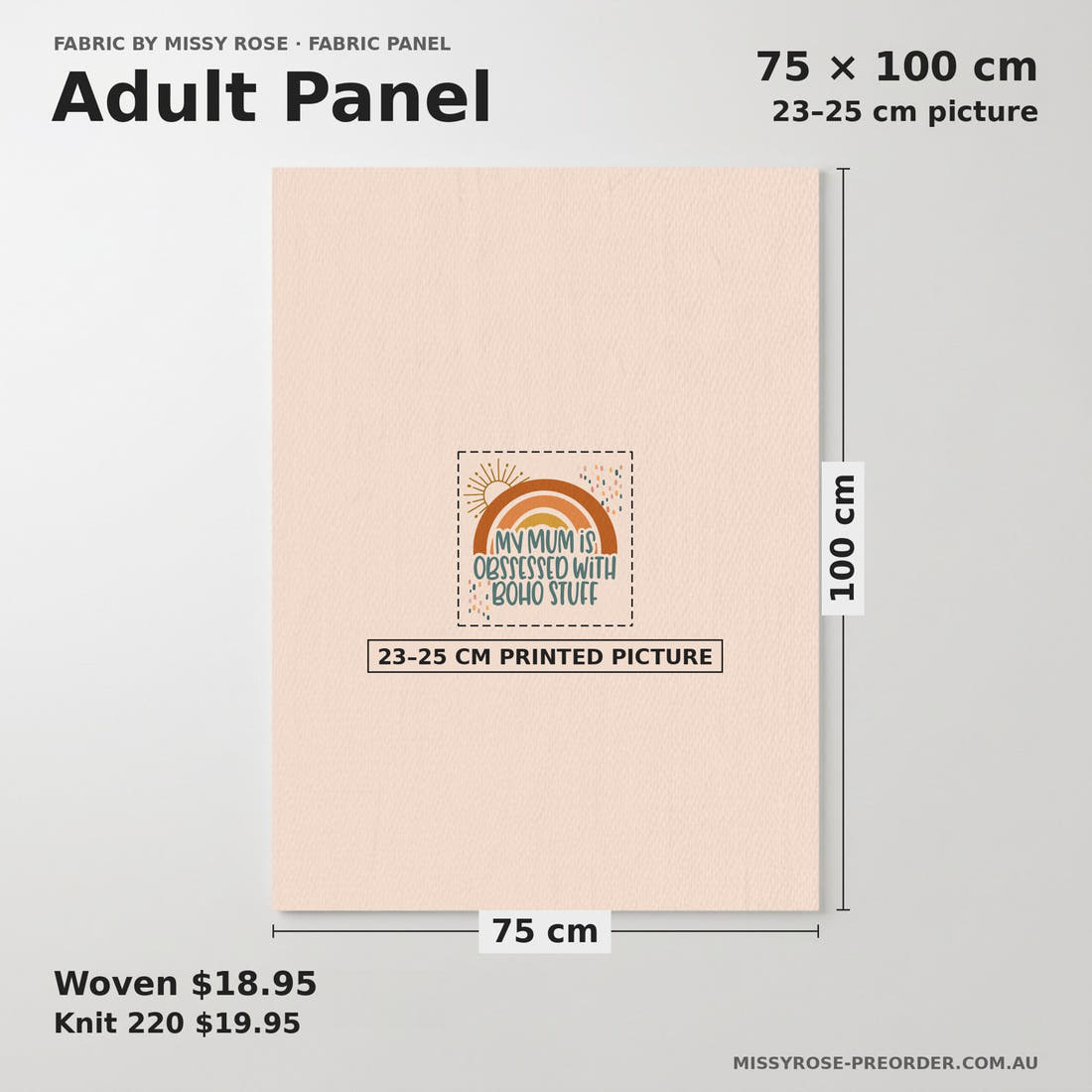 Design 2 Boho Mum Panel adult panel sizing – 23–25 cm printed picture on 75 × 100 cm fabric | Fabric by Missy Rose