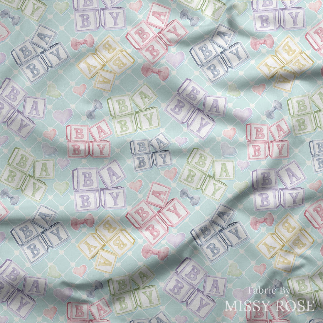 Design 20 Oh Baby Fabric draped fabric mockup – custom printed fabric by the metre | Fabric by Missy Rose