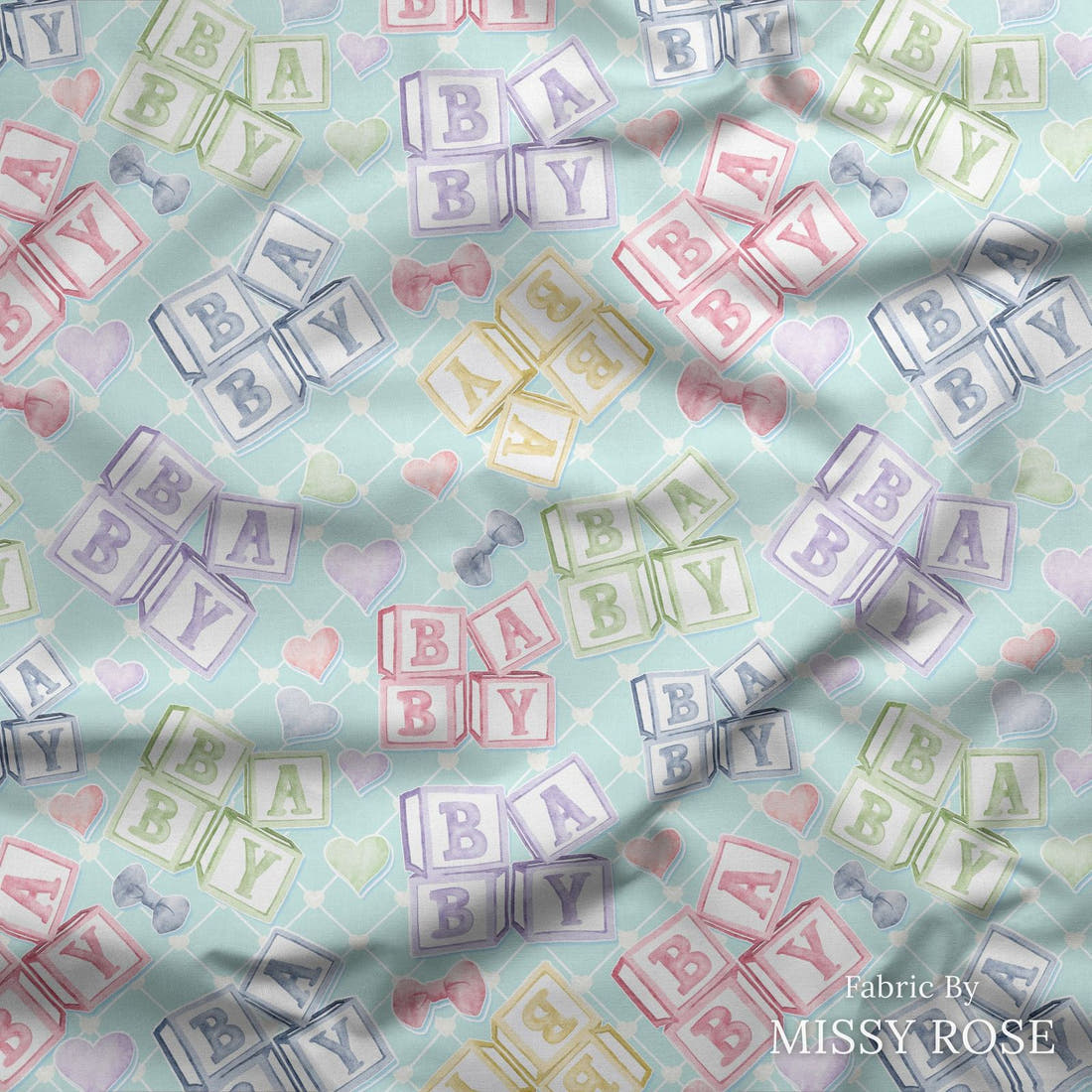 Design 20 Oh Baby Fabric draped fabric mockup – custom printed fabric by the metre | Fabric by Missy Rose