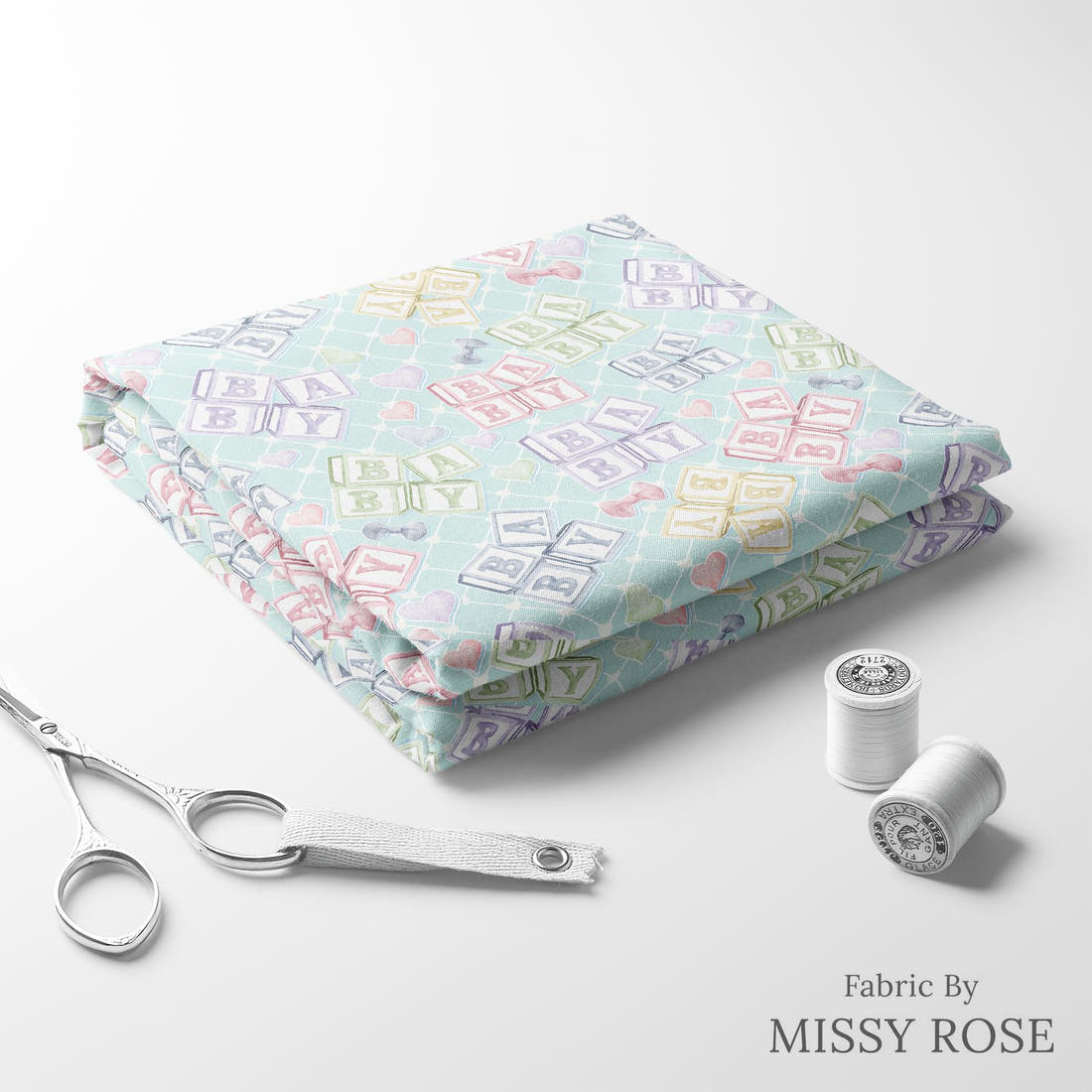 Design 20 Oh Baby Fabric folded fabric stack with matching thread – pre-order fabric Australia | Fabric by Missy Rose