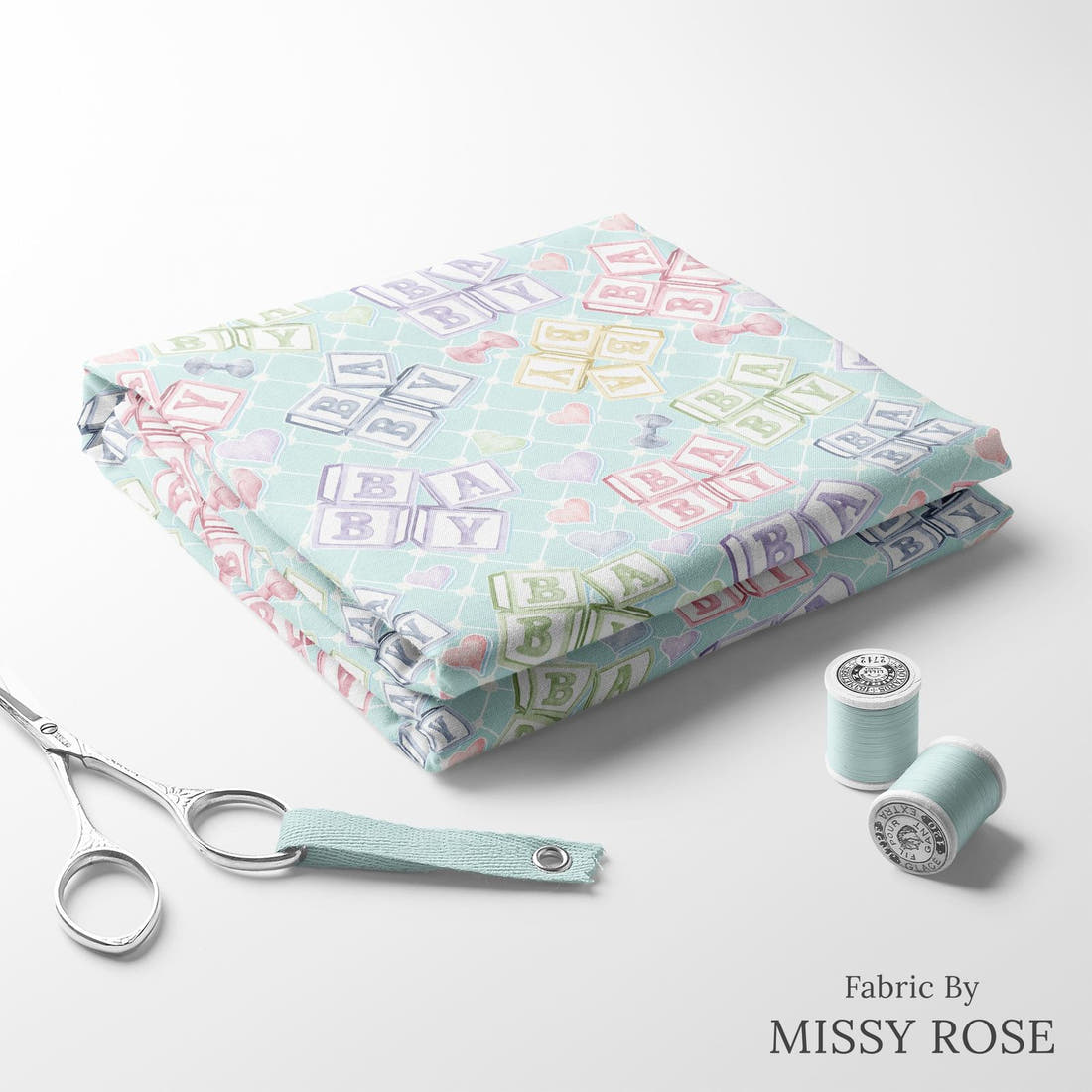 Design 20 Oh Baby Fabric folded fabric stack with matching thread – pre-order fabric Australia | Fabric by Missy Rose