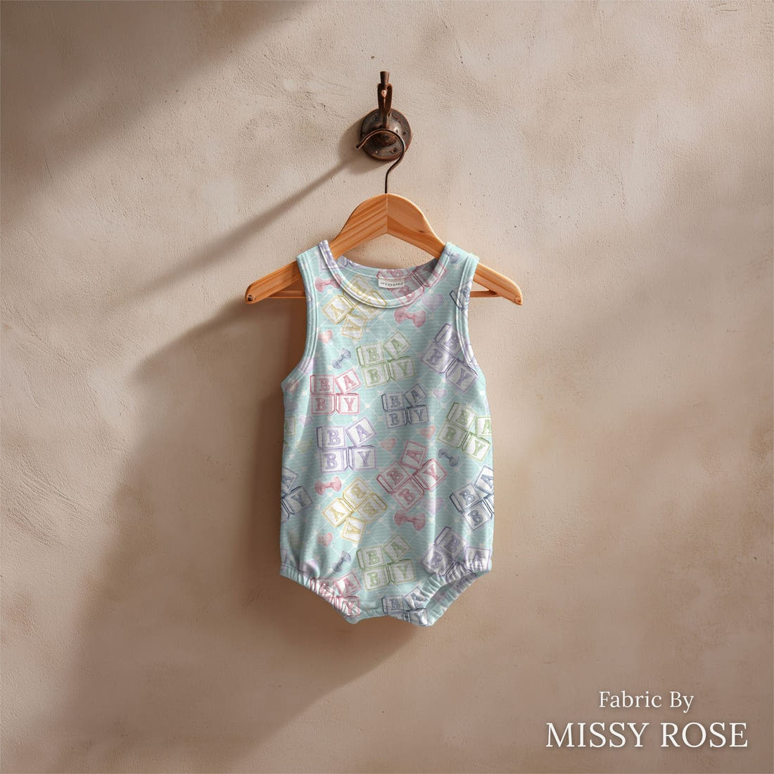 Design 20 Oh Baby Fabric sewn into a baby romper – see how the print looks made up | Fabric by Missy Rose