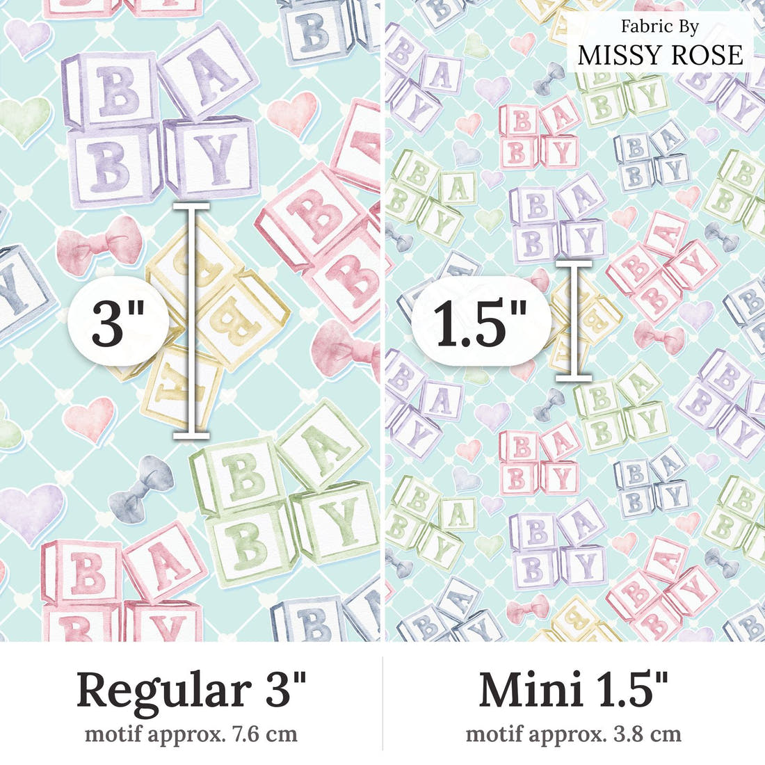 Design 20 Oh Baby Fabric Regular 3 inch vs Mini 1.5 inch print scale side by side | Fabric by Missy Rose