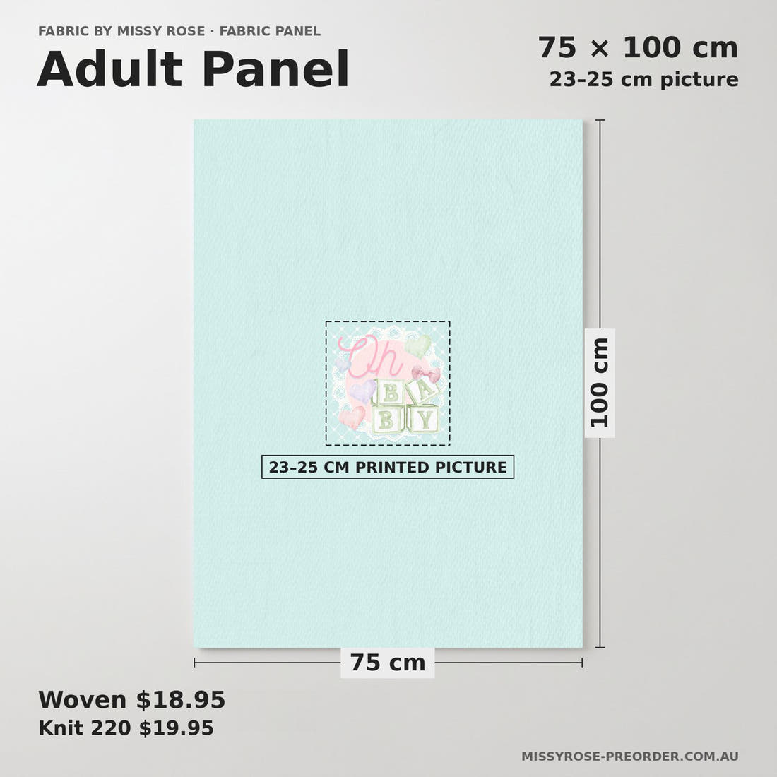 Design 20 Oh Baby Panel adult panel sizing – 23–25 cm printed picture on 75 × 100 cm fabric | Fabric by Missy Rose