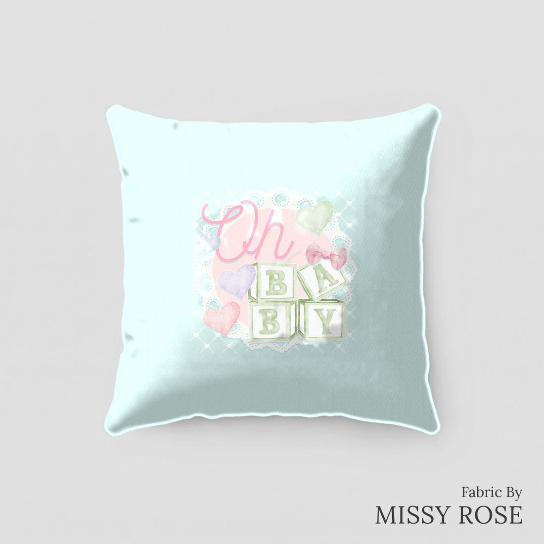 Design 20 Oh Baby Panel sewn into a cushion – see how the panel looks made up | Fabric by Missy Rose