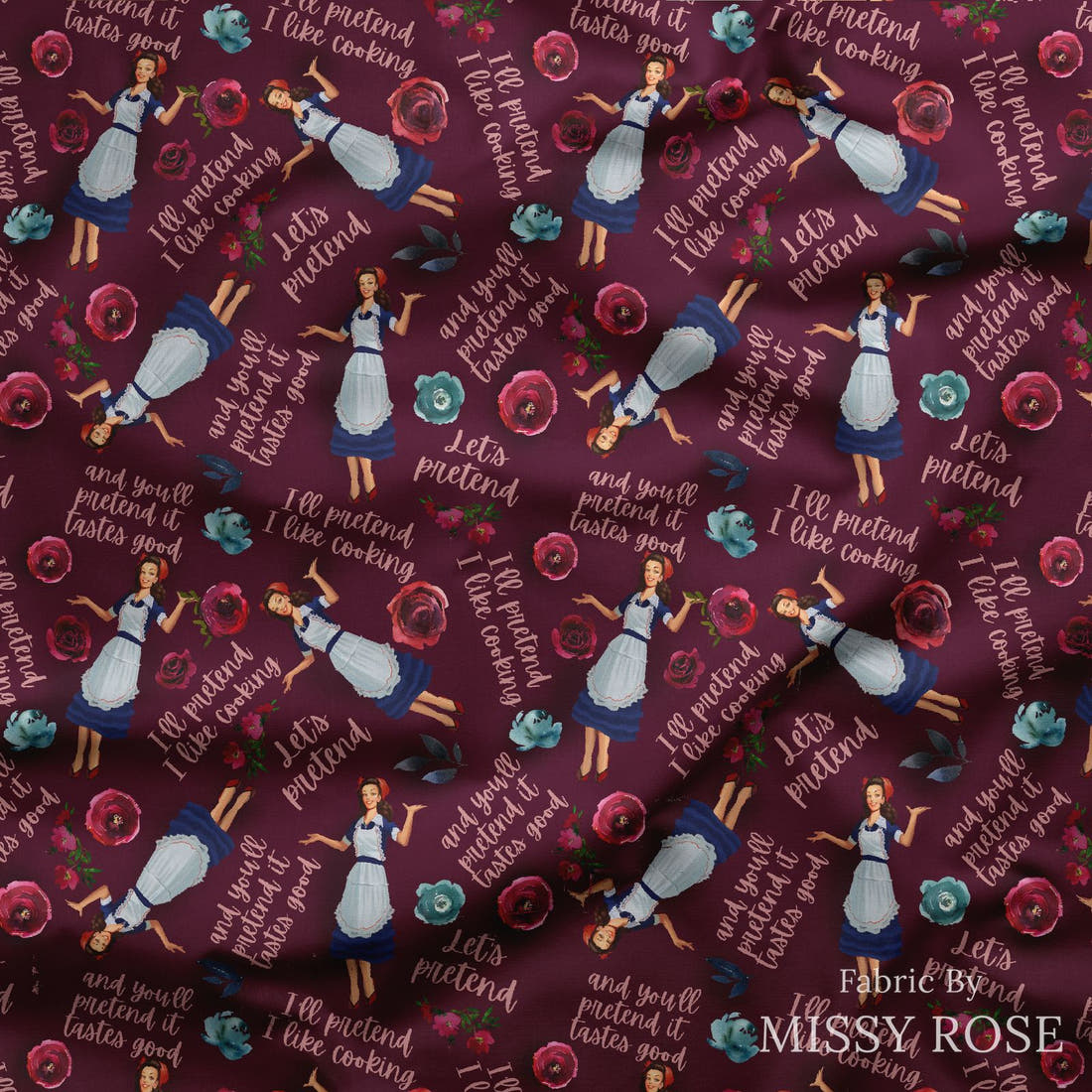 Design 200 Housewife Fabric draped fabric mockup – custom printed fabric by the metre | Fabric by Missy Rose