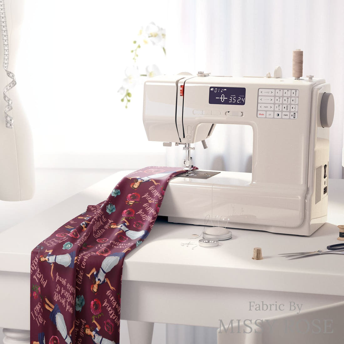 Design 200 Housewife Fabric on a sewing machine – premium fabric for sewing projects | Fabric by Missy Rose
