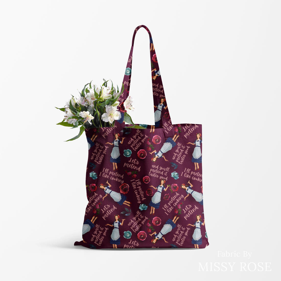 Design 200 Housewife Fabric made up as a tote bag – see how the print looks made up | Fabric by Missy Rose