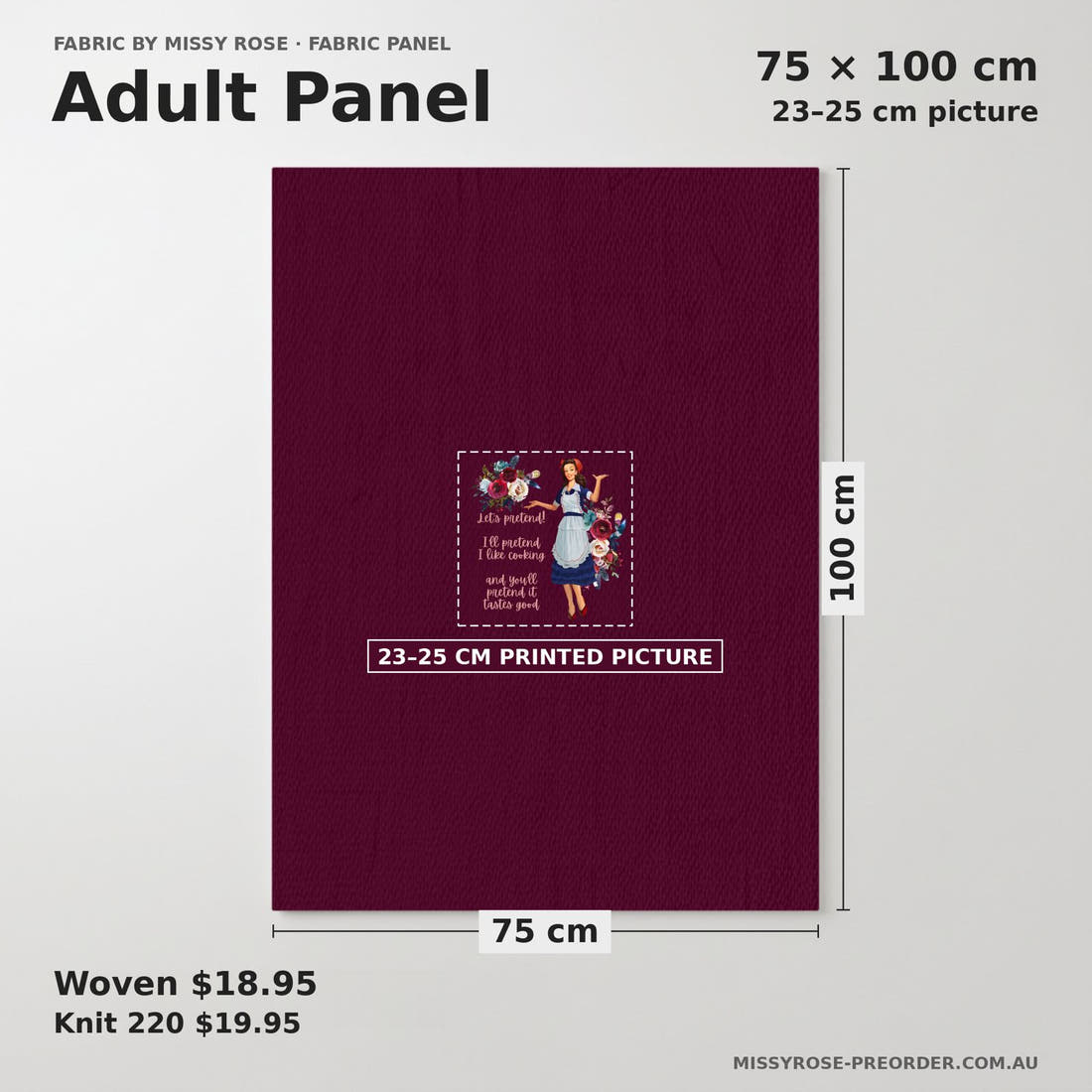 Design 200 Housewife Panel adult panel sizing – 23–25 cm printed picture on 75 × 100 cm fabric | Fabric by Missy Rose