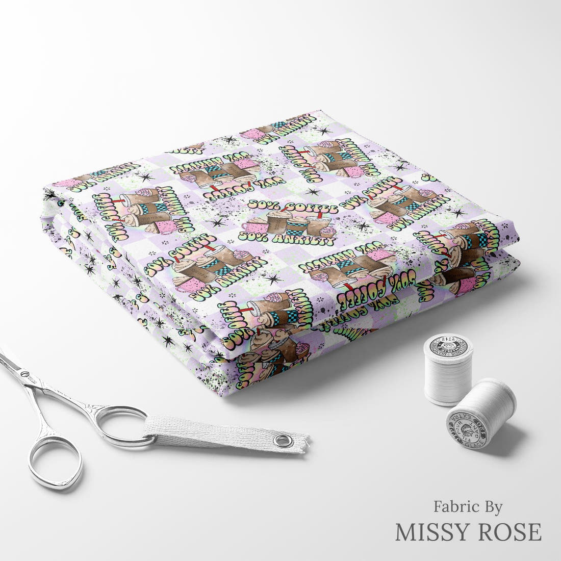Design 201 Coffee Fabric folded fabric stack with matching thread – pre-order fabric Australia | Fabric by Missy Rose