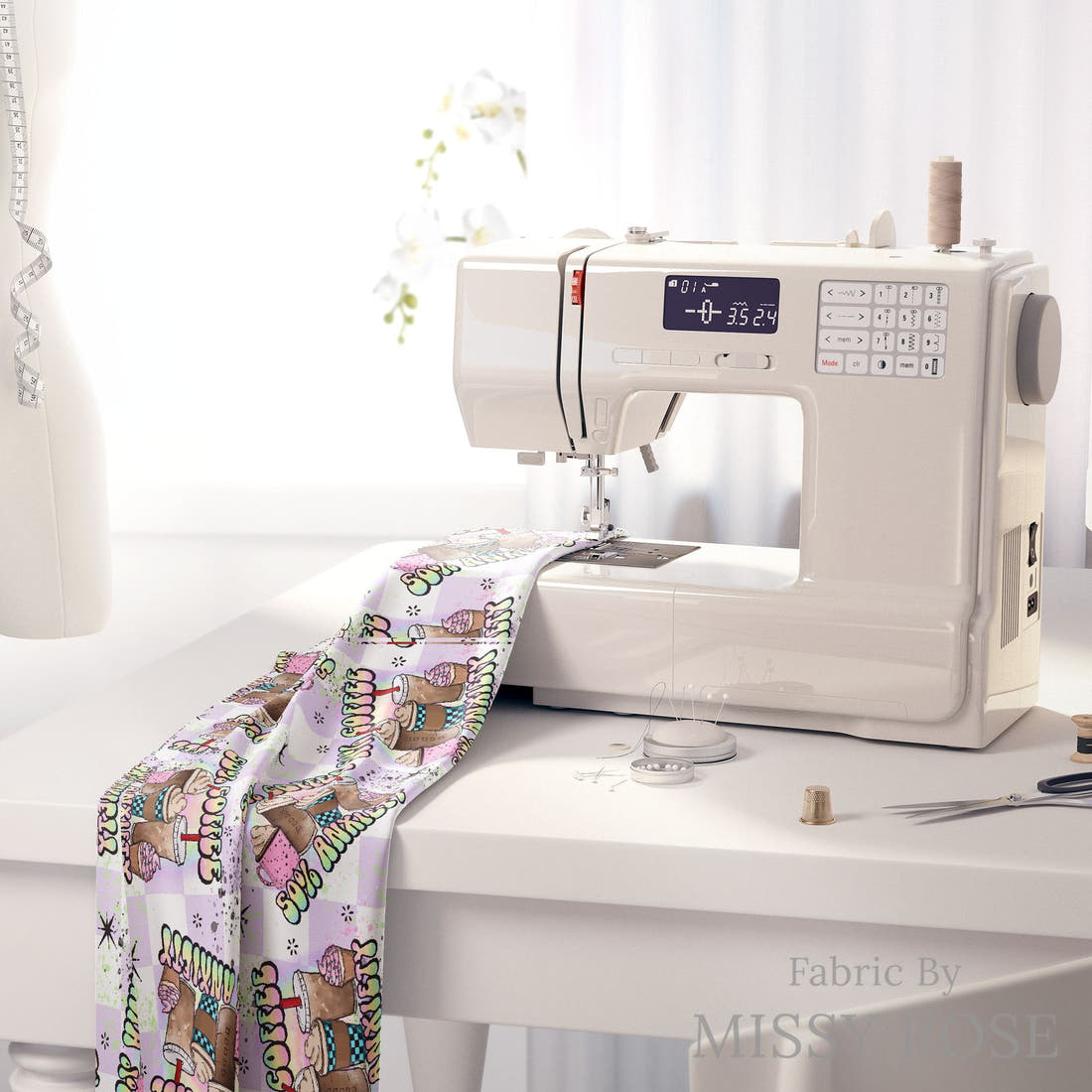 Design 201 Coffee Fabric on a sewing machine – premium fabric for sewing projects | Fabric by Missy Rose