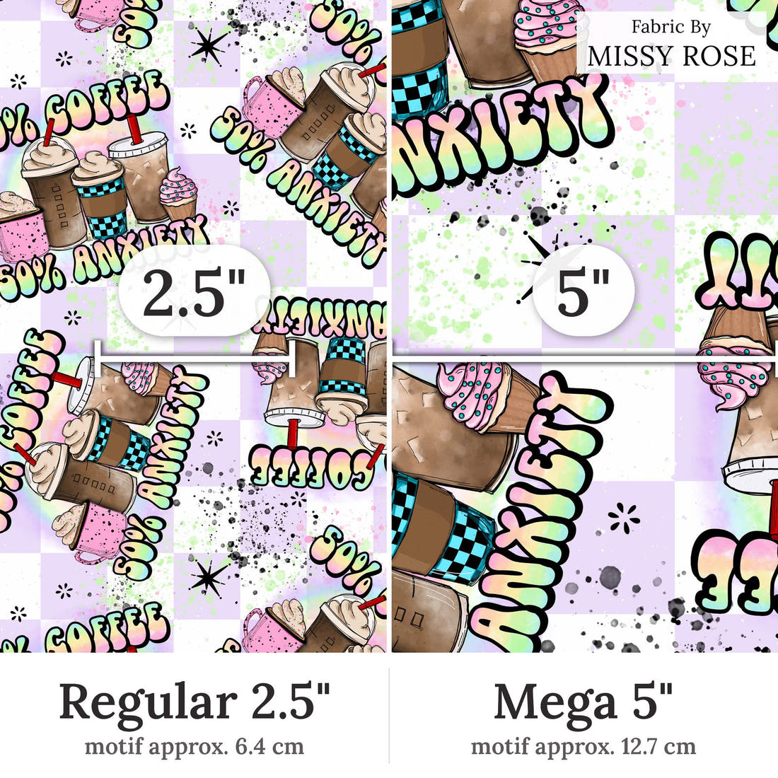 Design 201 Coffee Fabric Regular 2.5 inch vs Mega 5 inch print scale side by side | Fabric by Missy Rose