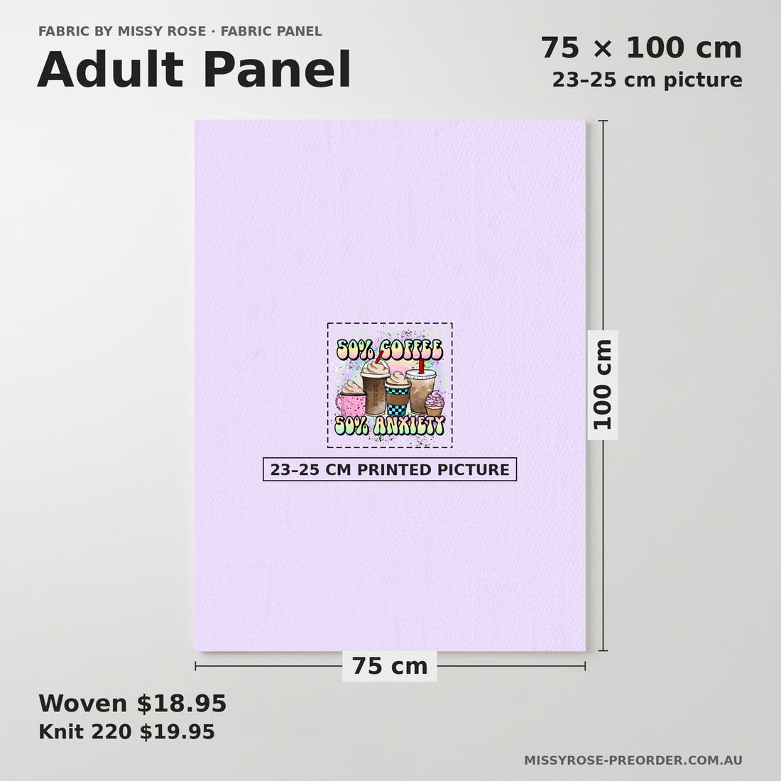 Design 201 Coffee Panel adult panel sizing – 23–25 cm printed picture on 75 × 100 cm fabric | Fabric by Missy Rose