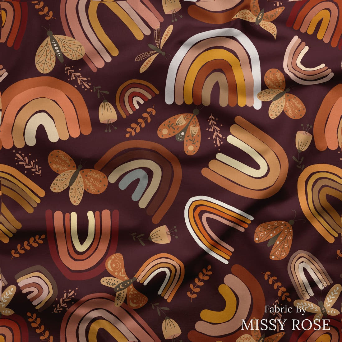 Design 202 Boho Rainbow Fabric draped fabric mockup – custom printed fabric by the metre | Fabric by Missy Rose