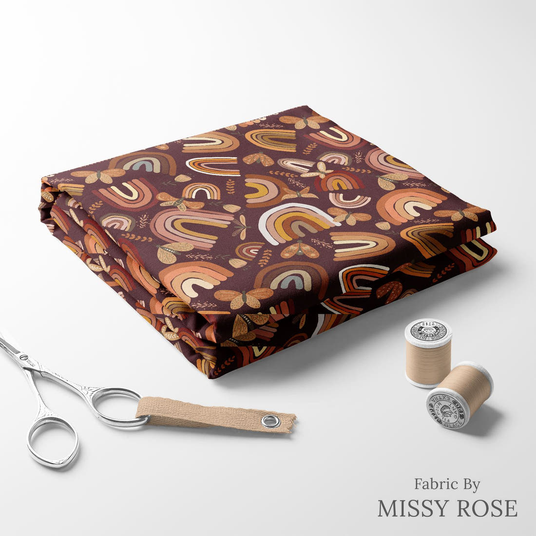 Design 202 Boho Rainbow Fabric folded fabric stack with matching thread – pre-order fabric Australia | Fabric by Missy Rose