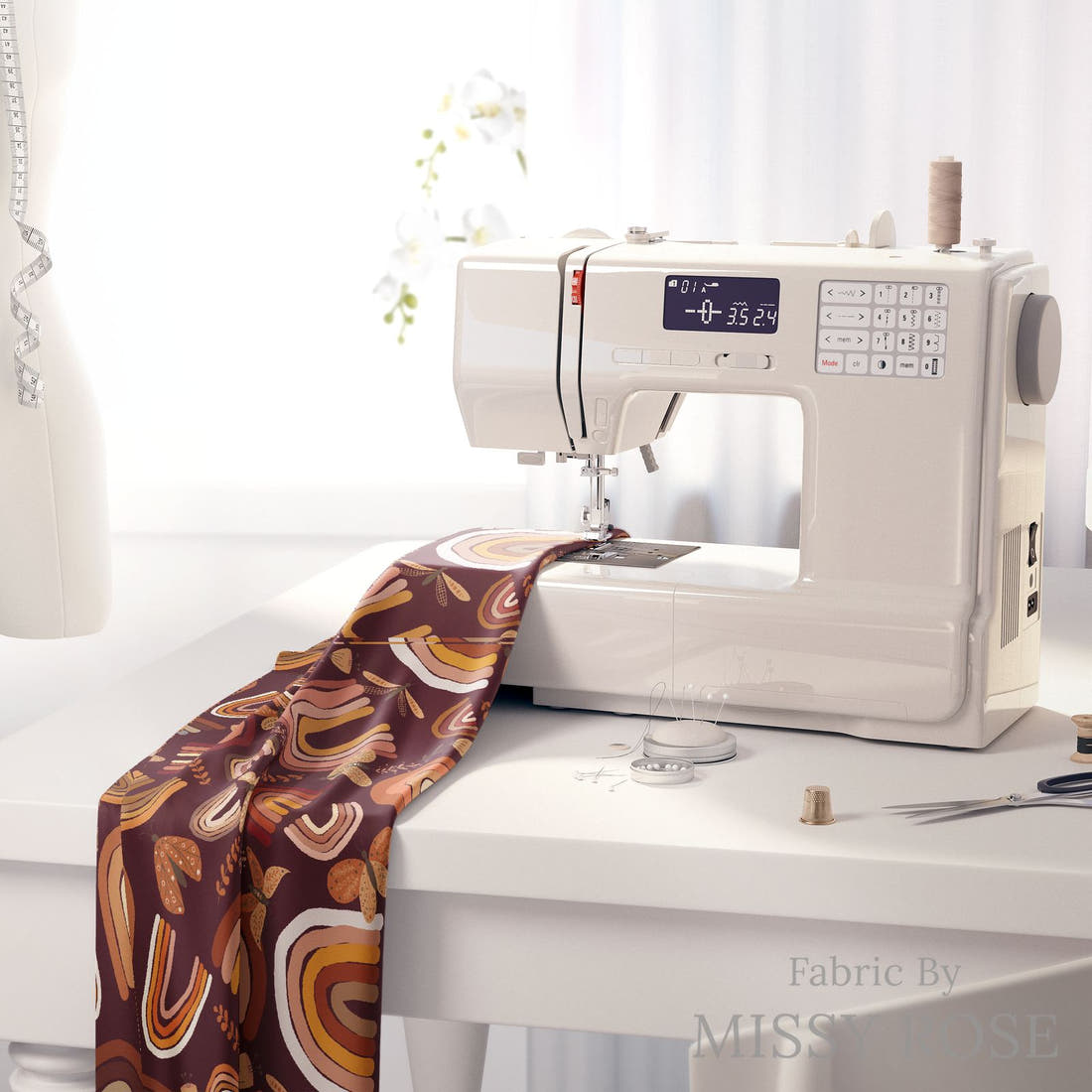 Design 202 Boho Rainbow Fabric on a sewing machine – premium fabric for sewing projects | Fabric by Missy Rose