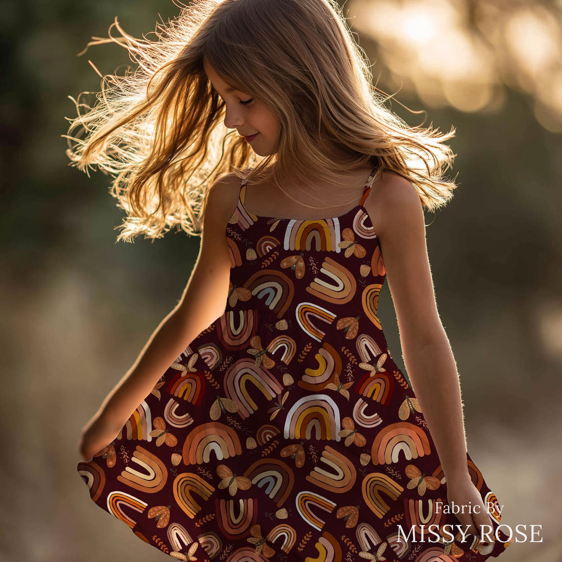 Design 202 Boho Rainbow Fabric sewn into a girls' dress – see how the print looks made up | Fabric by Missy Rose