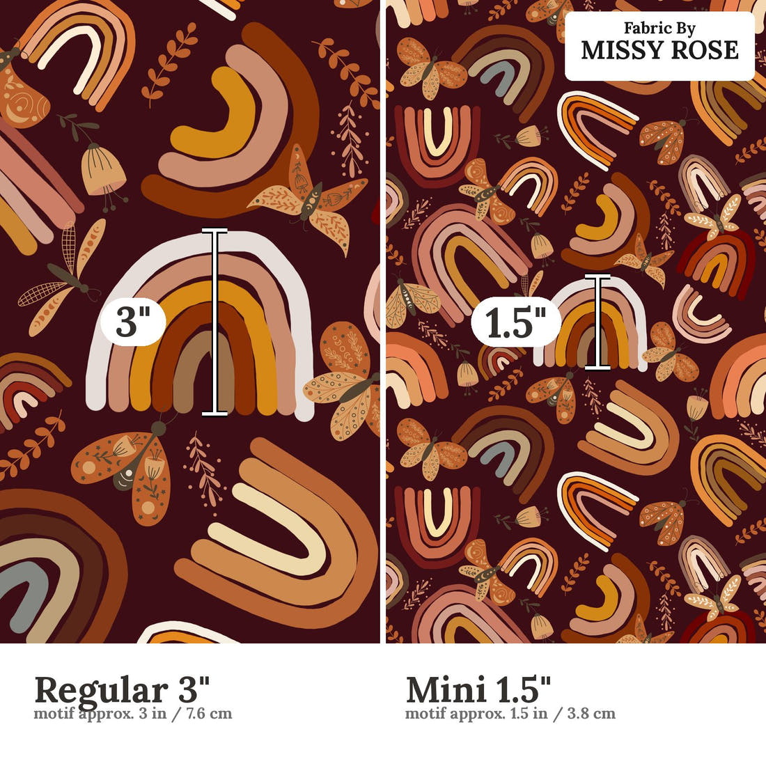 Design 202 Boho Rainbow Fabric size comparison - print scale | Fabric by Missy Rose