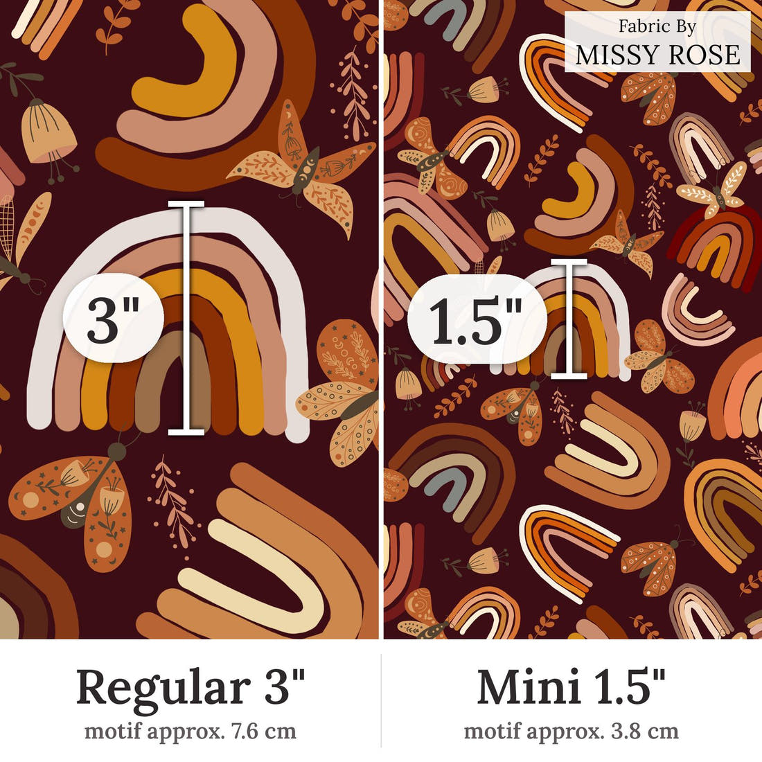 Design 202 Boho Rainbow Fabric Regular 3 inch vs Mini 1.5 inch print scale side by side | Fabric by Missy Rose