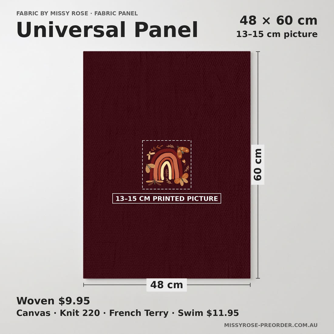 Design 202 Boho Rainbow Panel universal panel sizing – 13–15 cm printed picture on 48 × 60 cm fabric | Fabric by Missy Rose