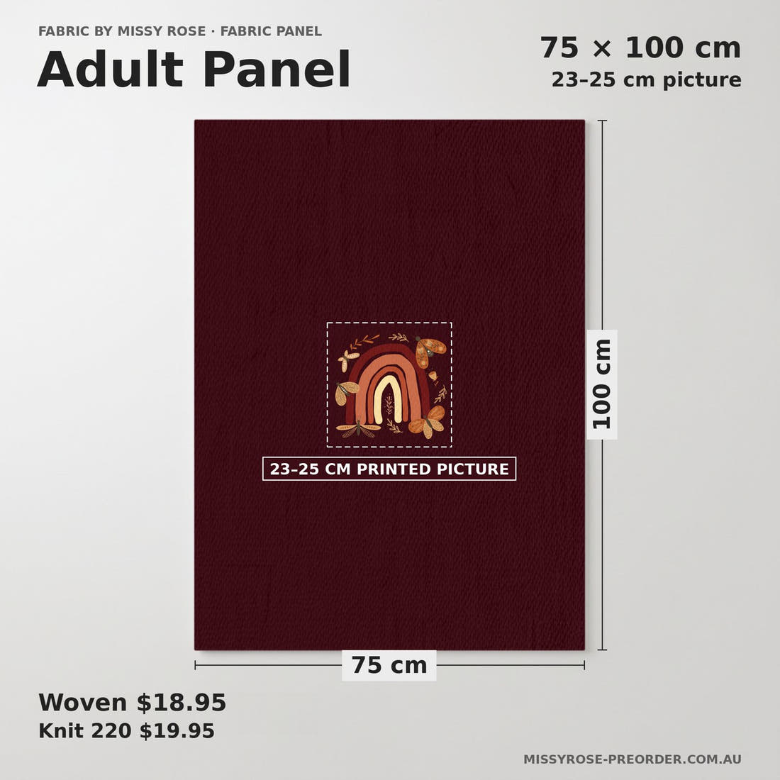 Design 202 Boho Rainbow Panel adult panel sizing – 23–25 cm printed picture on 75 × 100 cm fabric | Fabric by Missy Rose