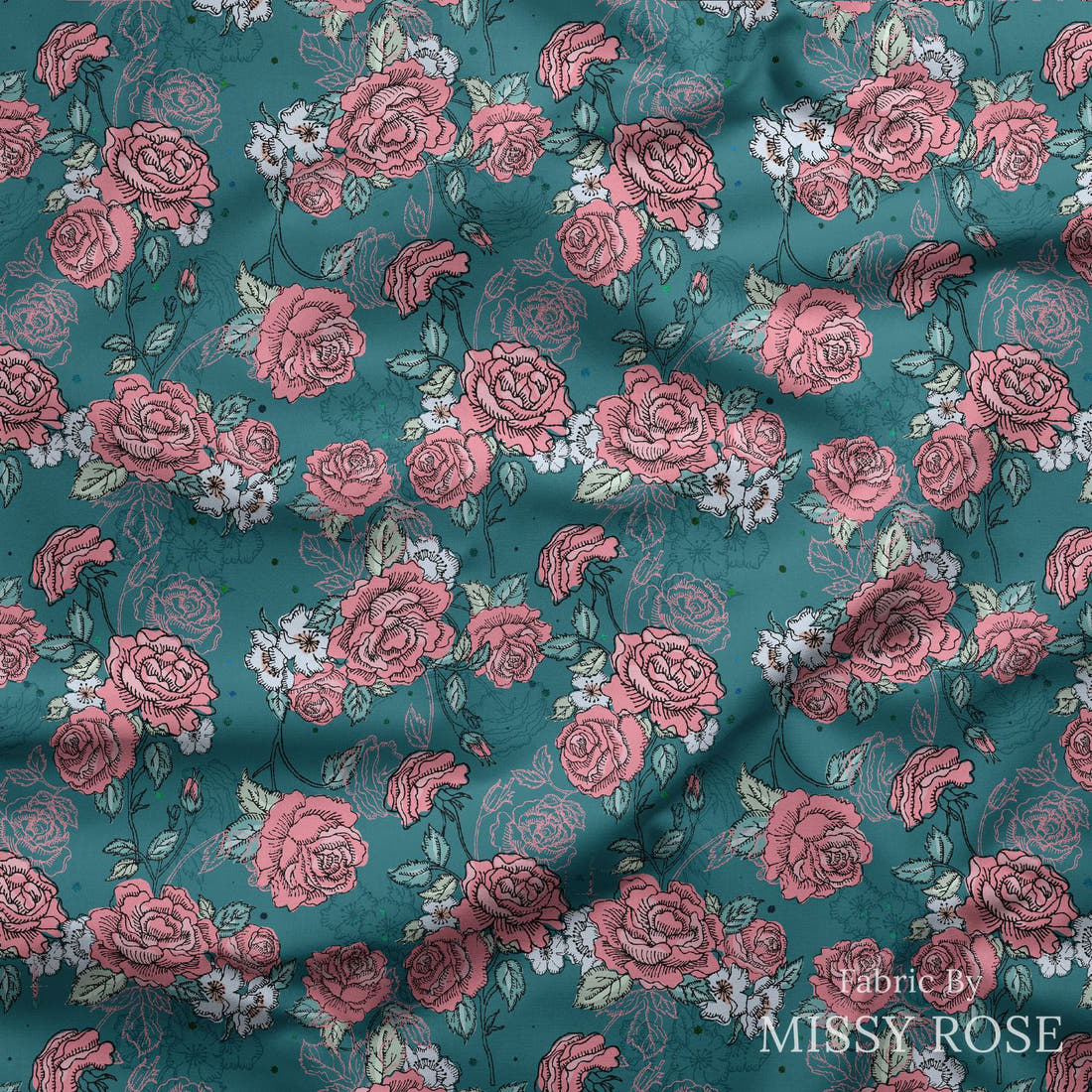 Design 203 Roses Fabric draped fabric mockup – custom printed fabric by the metre | Fabric by Missy Rose