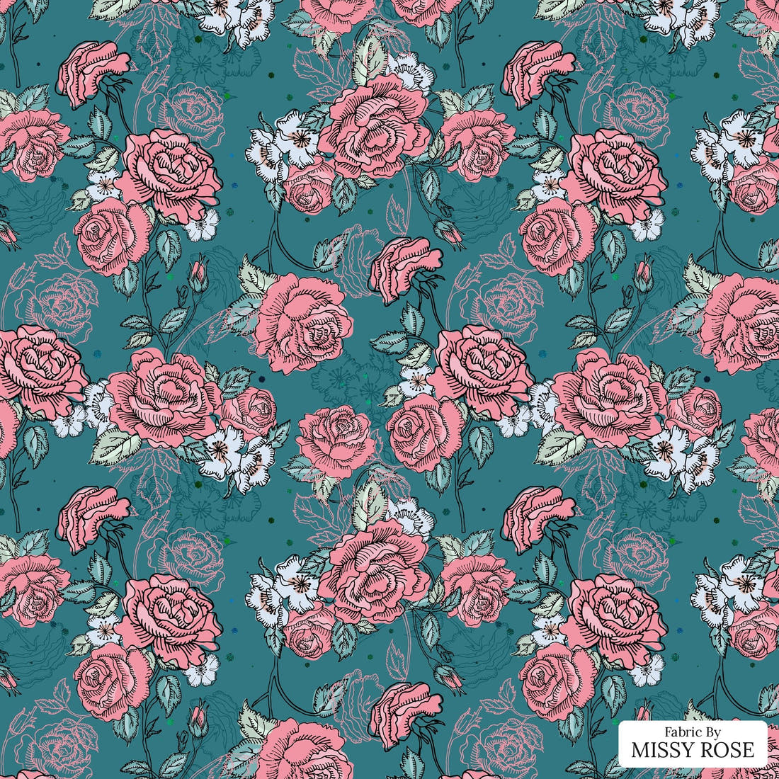 Design 203 Roses Fabric - flat view of the print, zoom in for detail | Fabric by Missy Rose