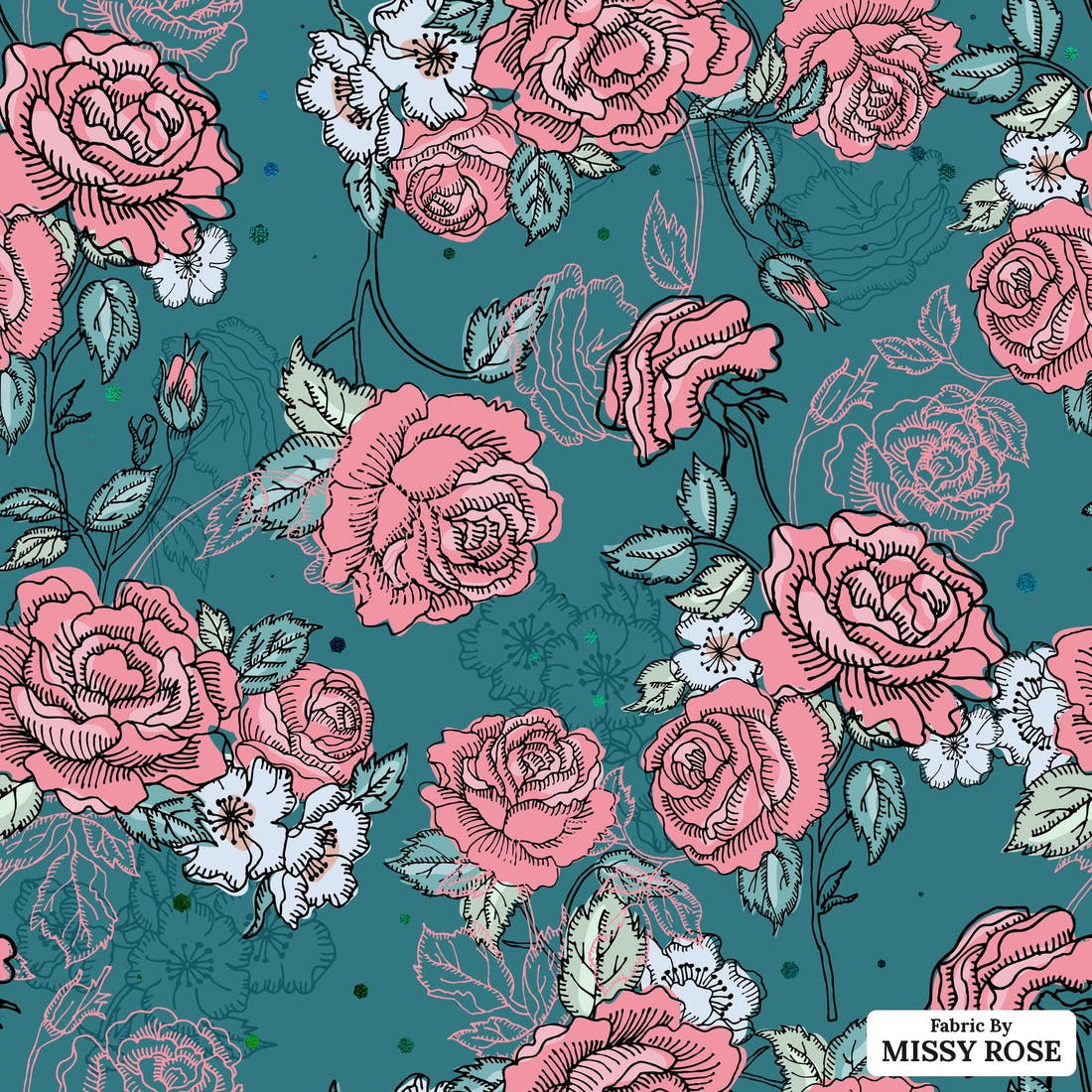 Design 203 Roses Fabric - flat view of the print, zoom in for detail | Fabric by Missy Rose