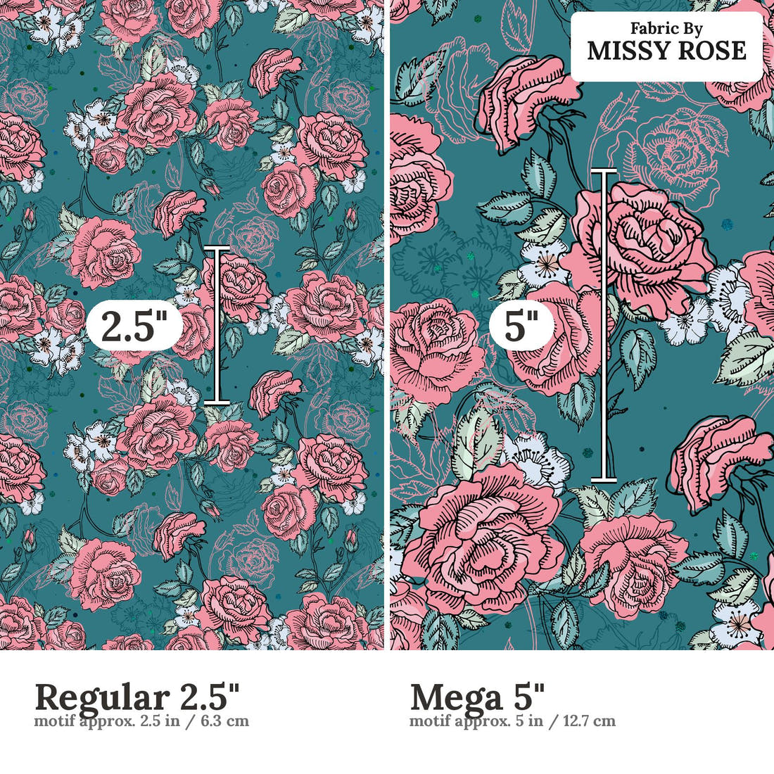 Design 203 Roses Fabric size comparison - print scale | Fabric by Missy Rose