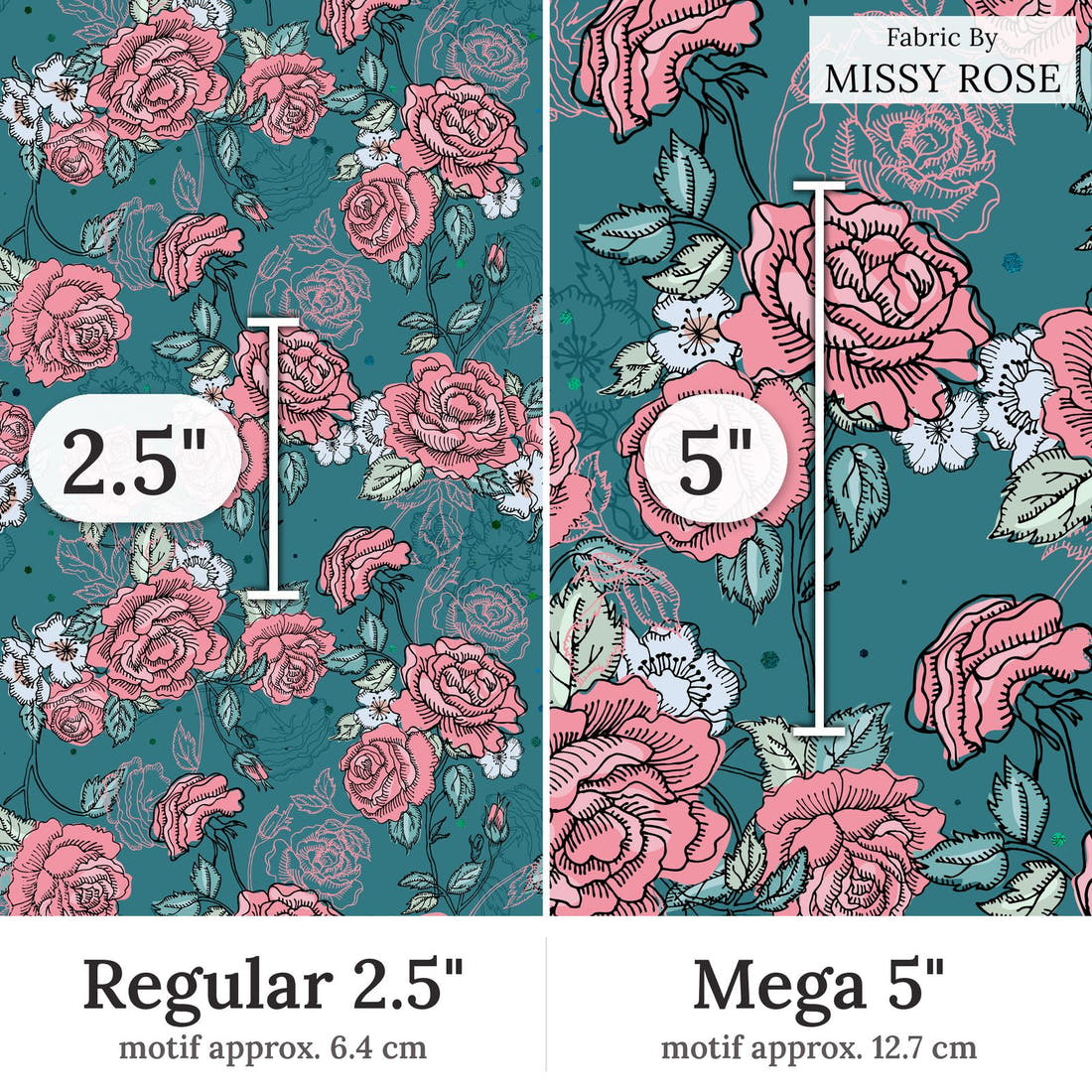 Design 203 Roses Fabric Regular 2.5 inch vs Mega 5 inch print scale side by side | Fabric by Missy Rose