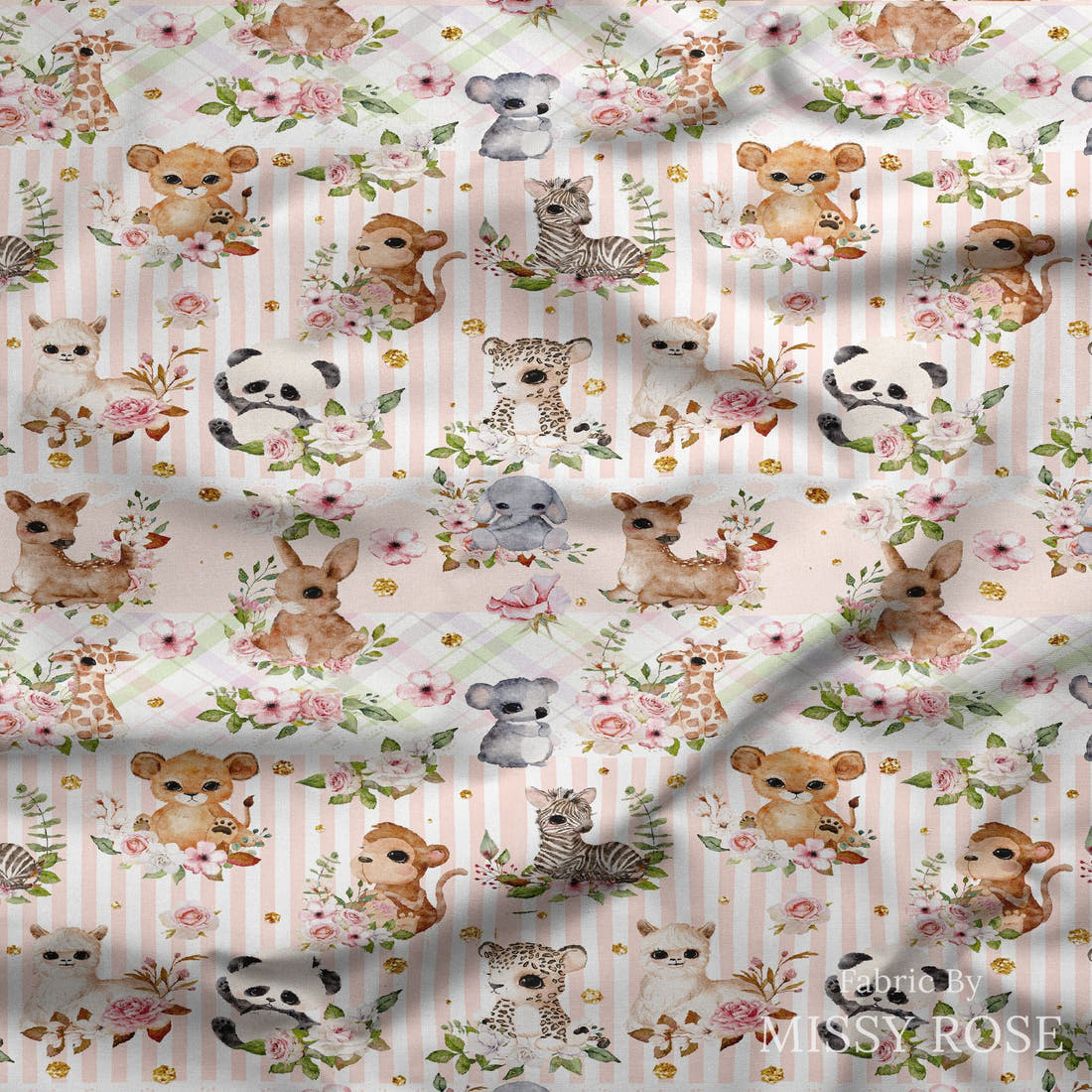 Design 204 Baby Safari Animals Fabric draped fabric mockup – custom printed fabric by the metre | Fabric by Missy Rose
