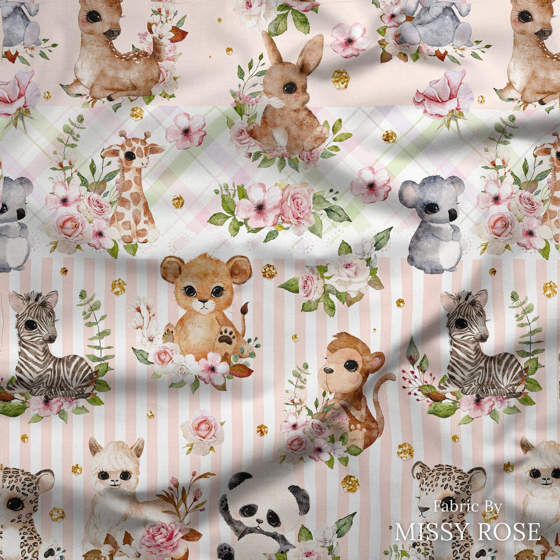 Design 204 Baby Safari Animals Fabric draped fabric mockup – custom printed fabric by the metre | Fabric by Missy Rose
