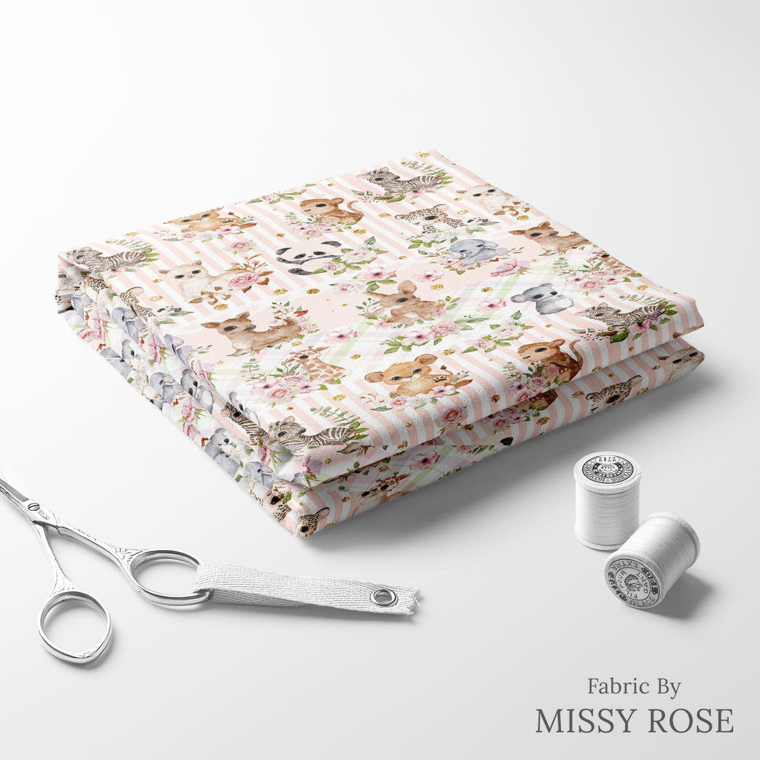Design 204 Baby Safari Animals Fabric folded fabric stack with matching thread – pre-order fabric Australia | Fabric by Missy Rose